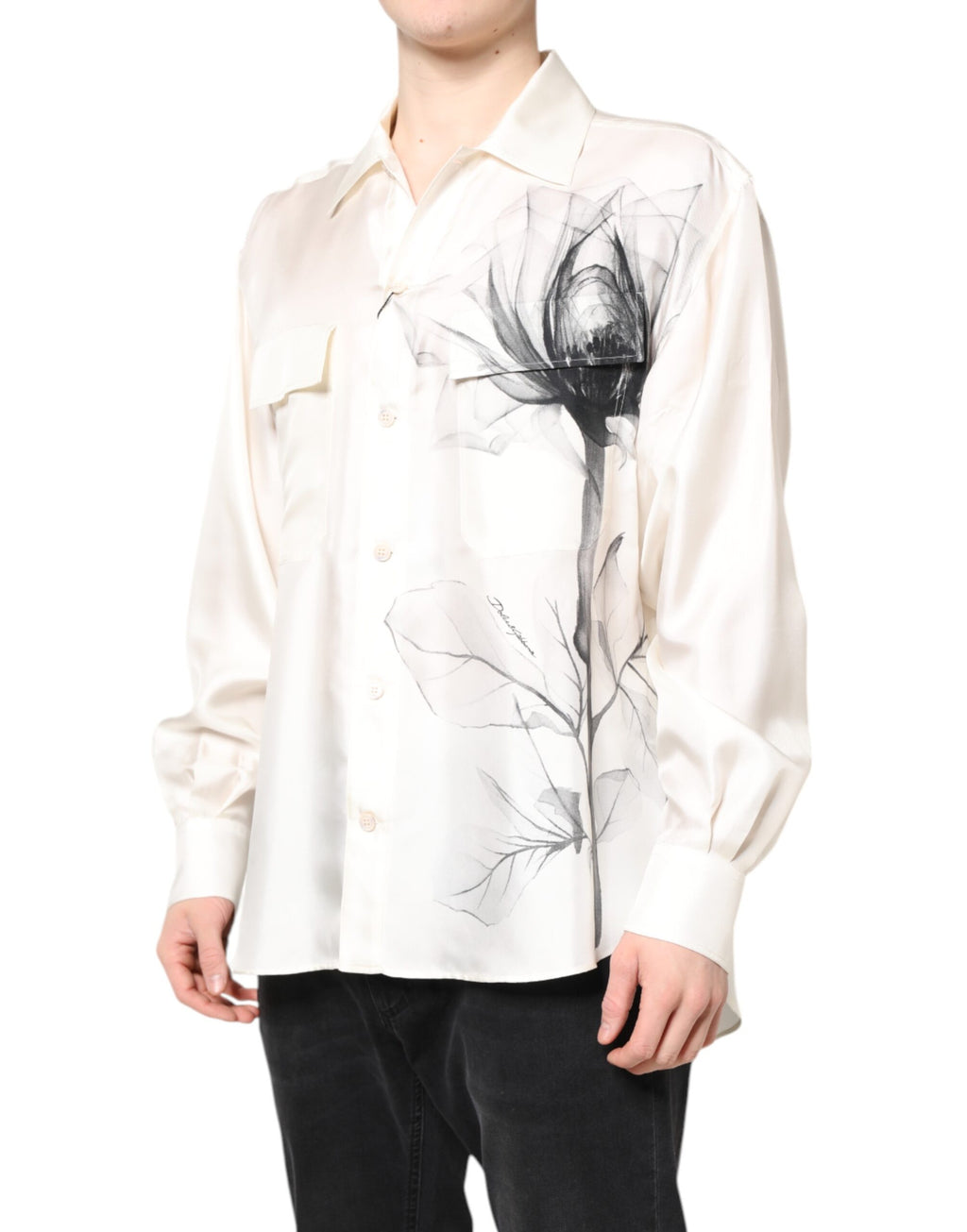 Dolce & Gabbana Men's Ivory Long Sleeve Silk Casual Shirt