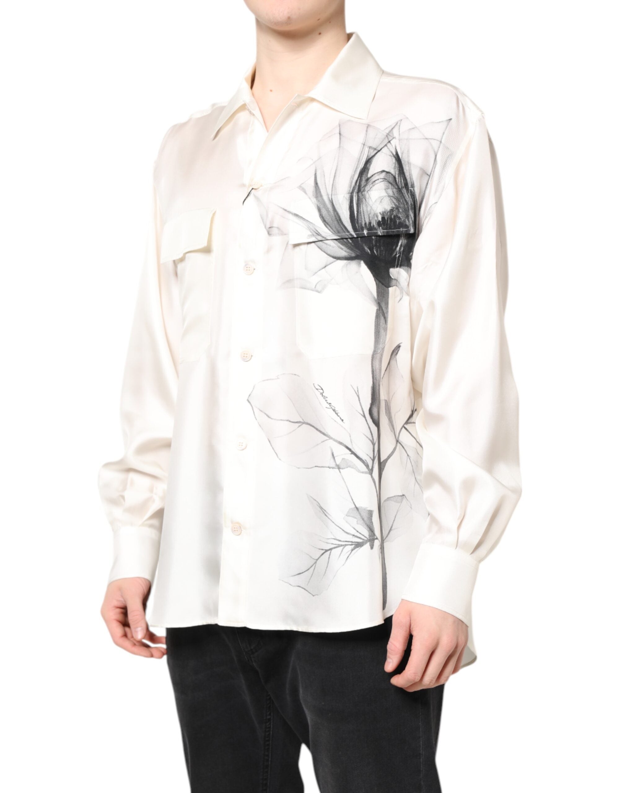 Dolce & Gabbana Men's Ivory Long Sleeve Silk Casual Shirt