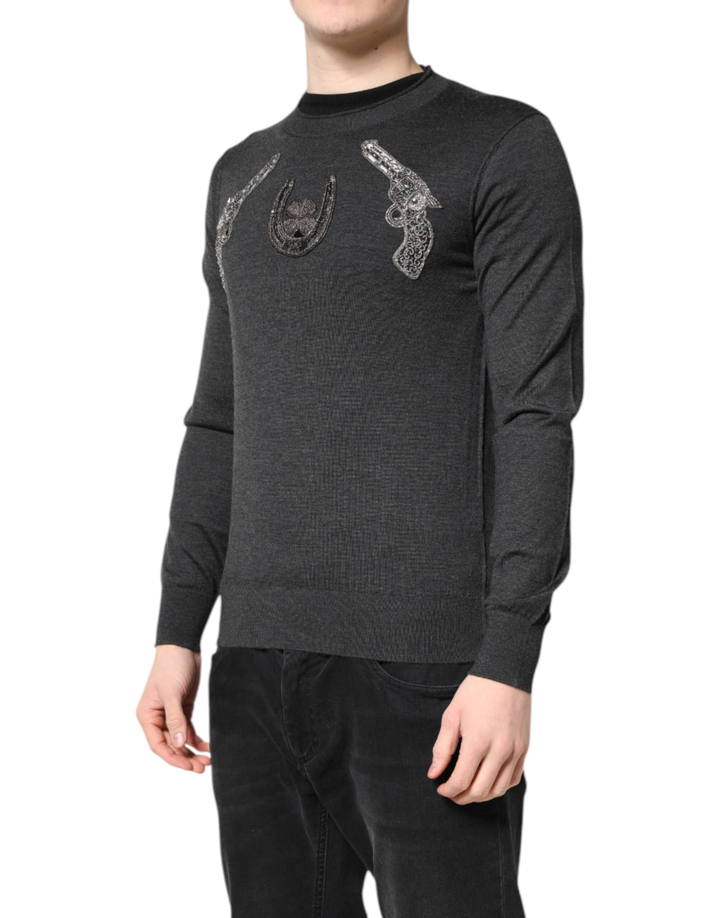 Dolce & Gabbana Grauer Strickpullover mit Stickerei für Männer