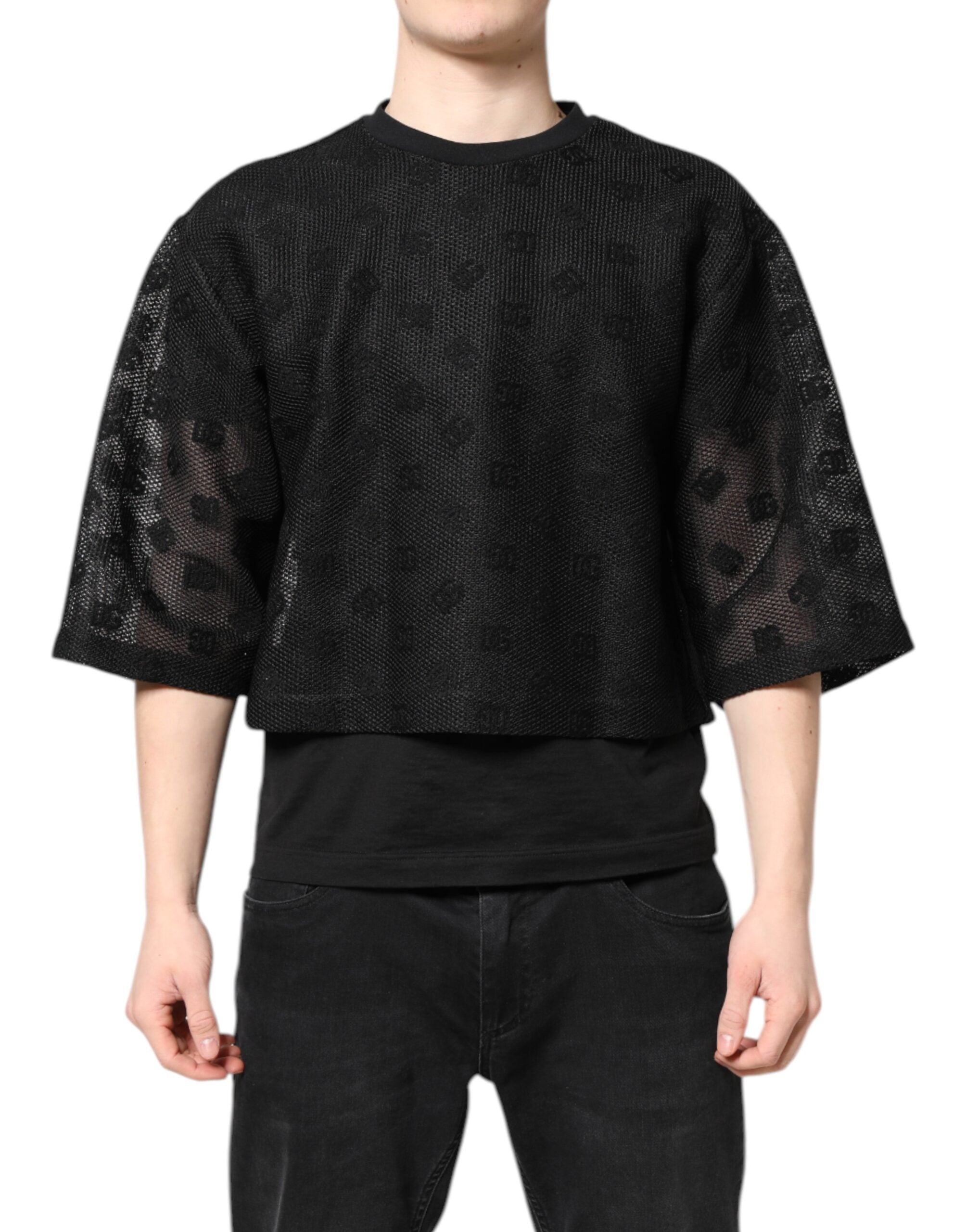 Dolce & Gabbana Schwarzes See-Through-Logo-T-Shirt mit kurzen Ärmeln