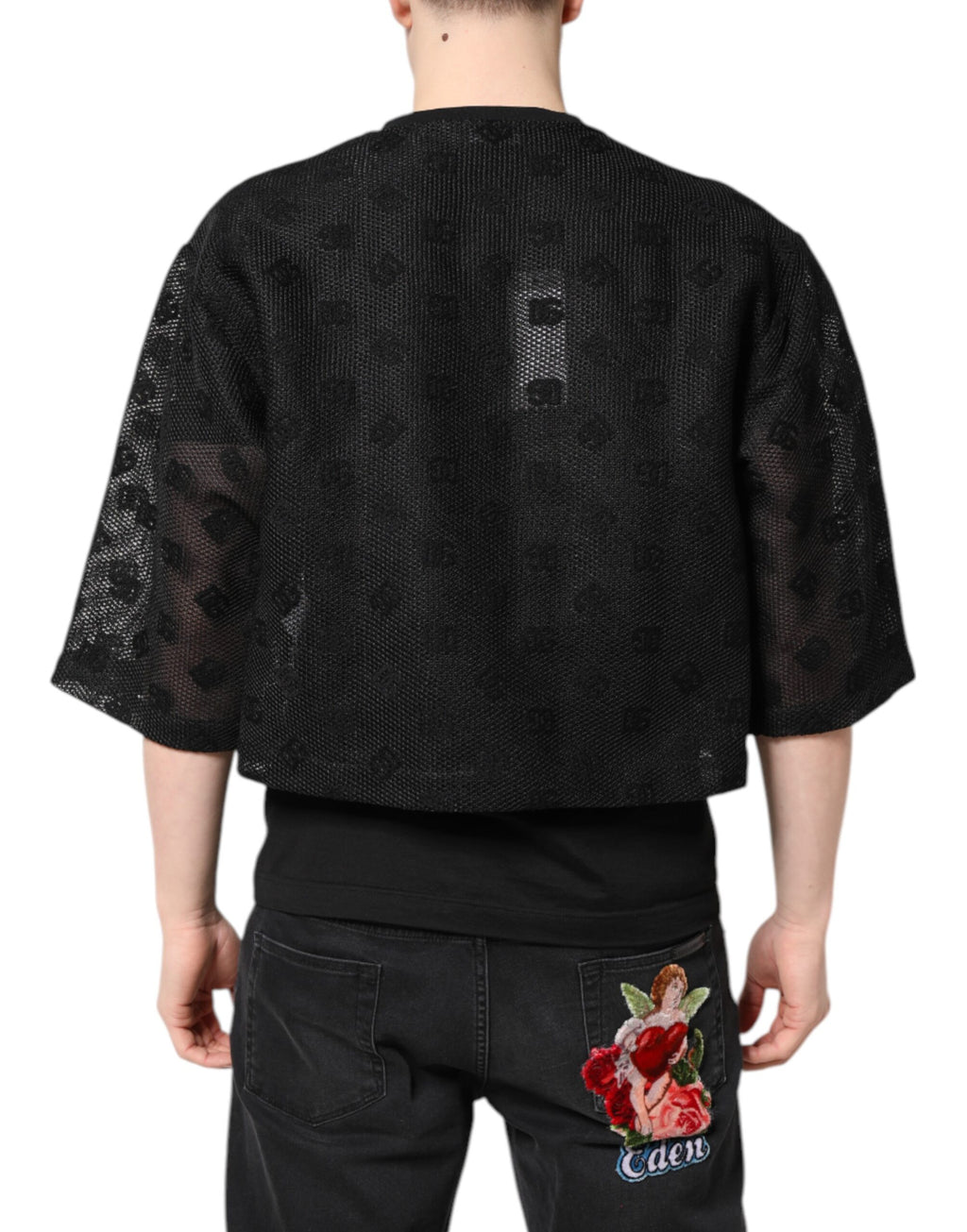 Dolce & Gabbana Schwarzes See-Through-Logo-T-Shirt mit kurzen Ärmeln