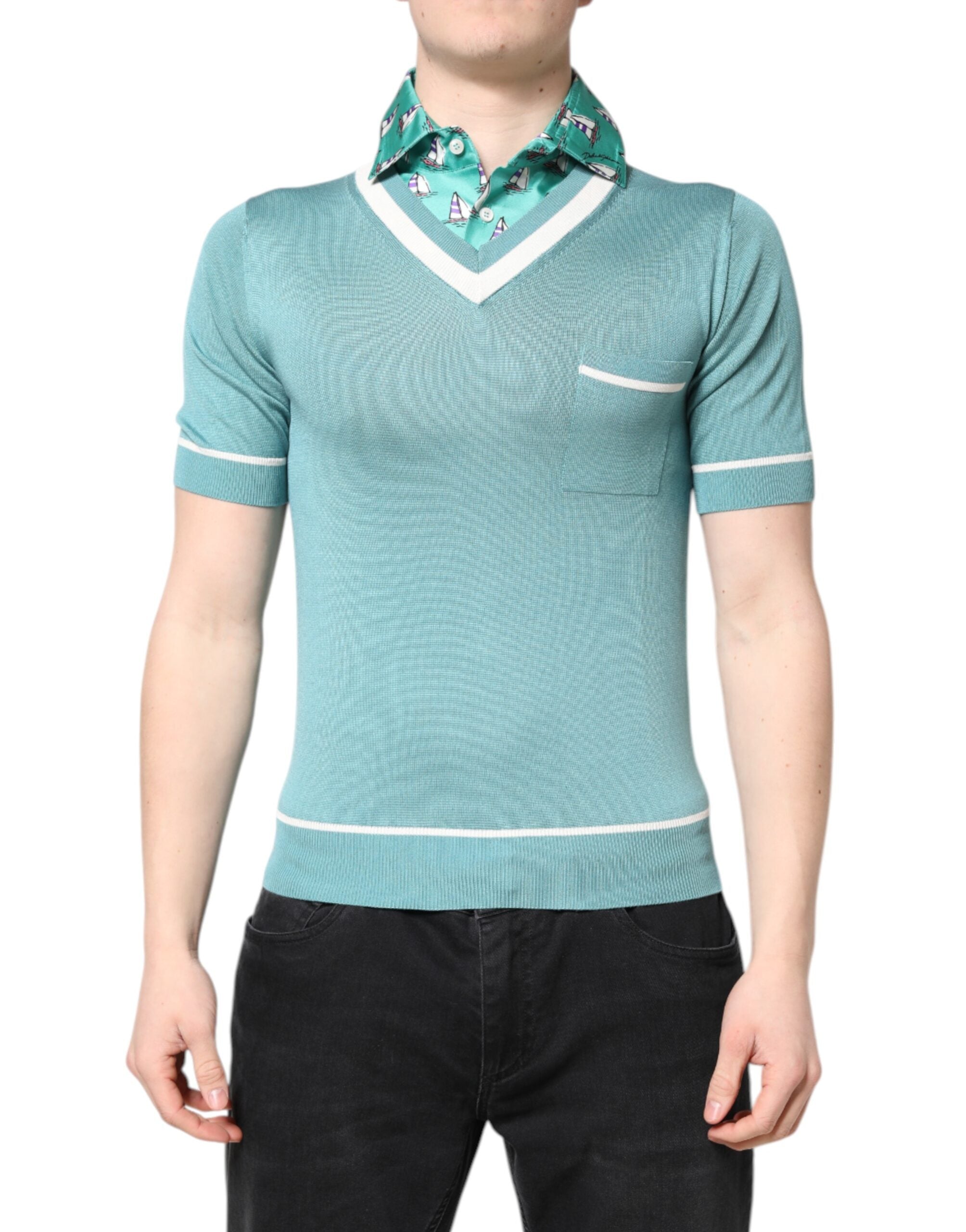 Dolce & Gabbana Green Printed Short-Sleeve Collared T-Shirt