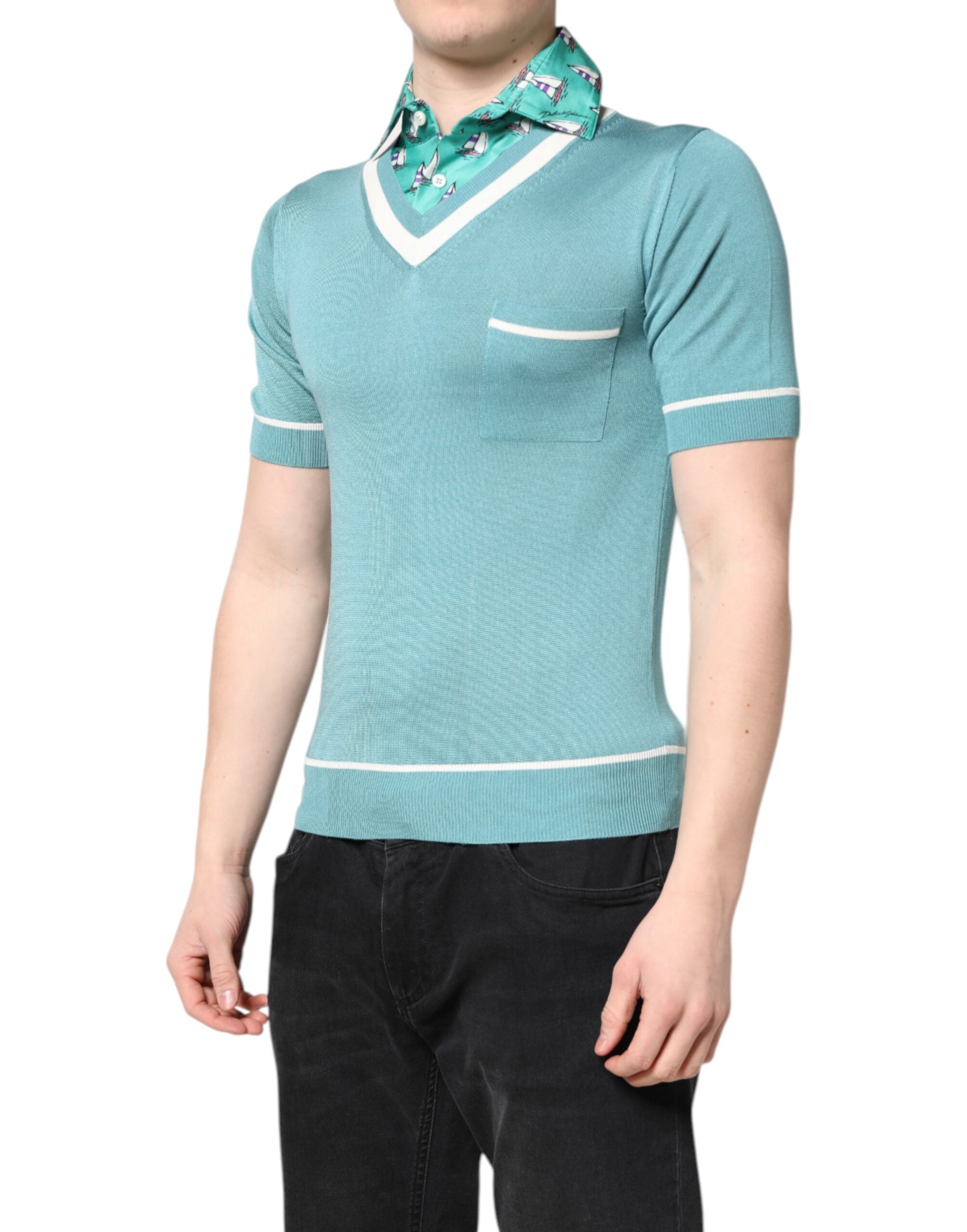 Dolce & Gabbana Green Printed Short-Sleeve Collared T-Shirt