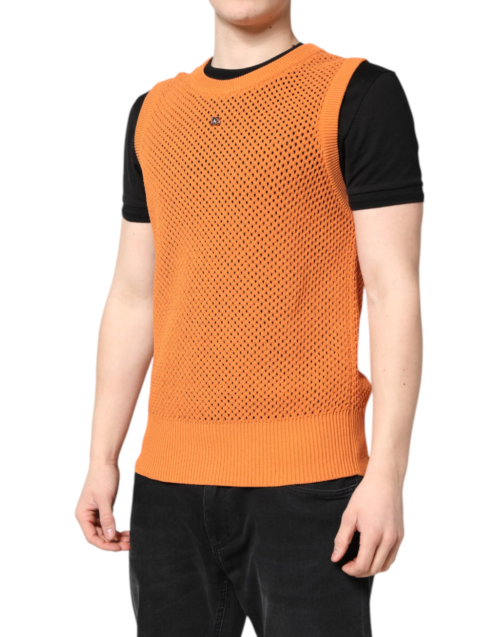 Dolce & Gabbana Orangefarbenes ärmelloses Kaschmir-T-Shirt mit Rundhalsausschnitt
