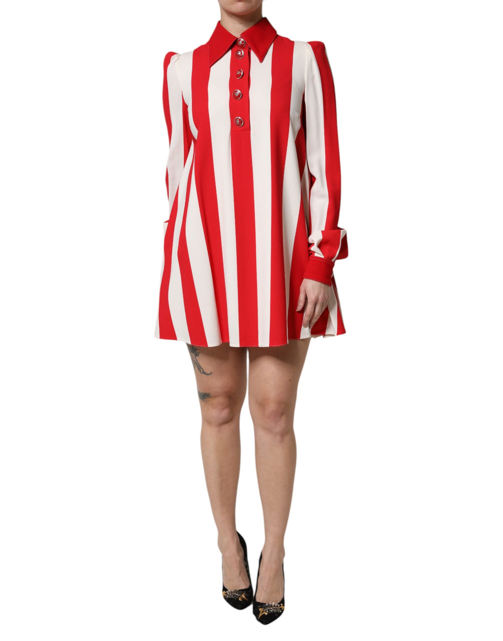 Dolce & Gabbana Weiß-rot gestreiftes langärmeliges Minikleid