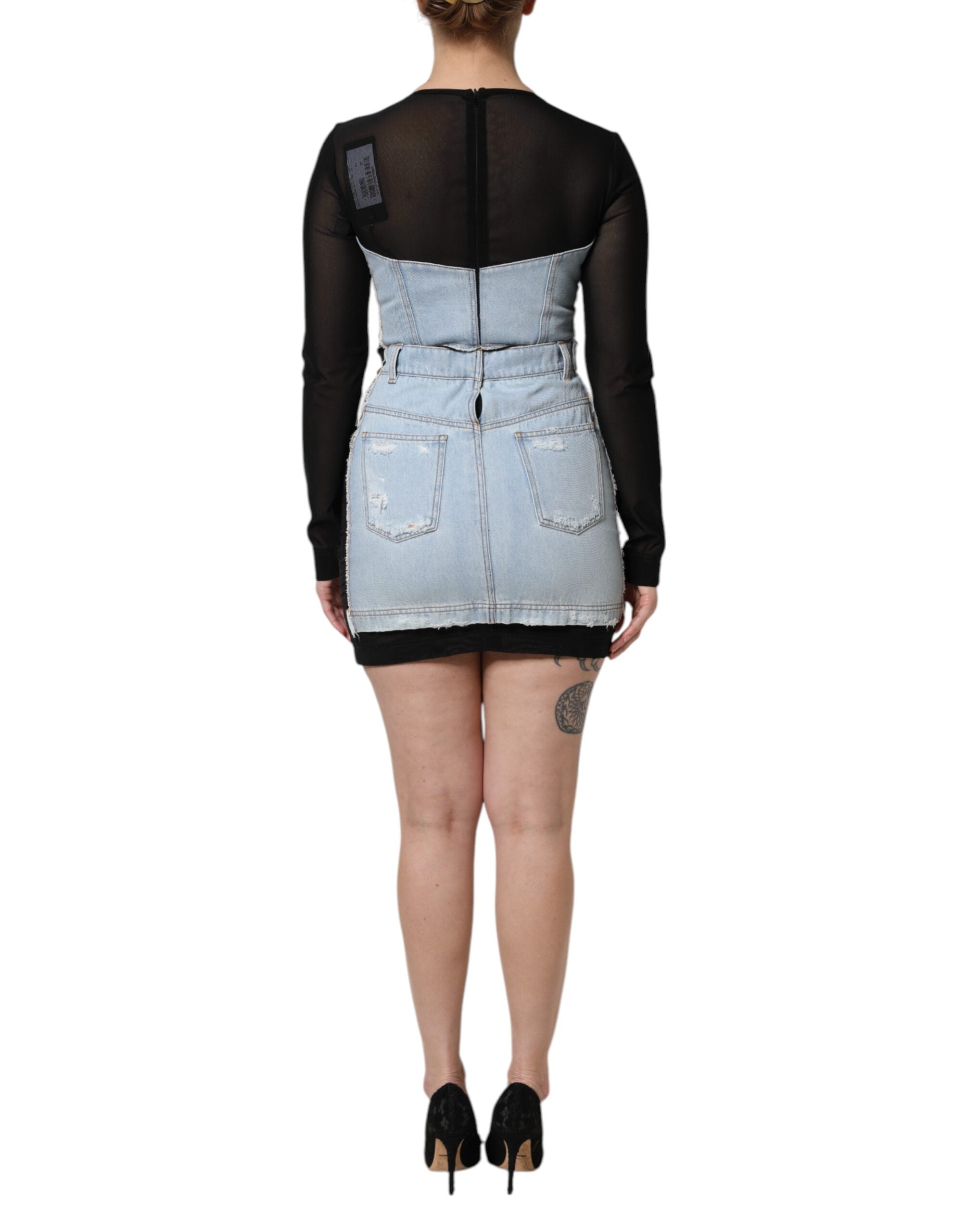 Dolce & Gabbana Black and Blue Long-Sleeved Denim Mini Dress