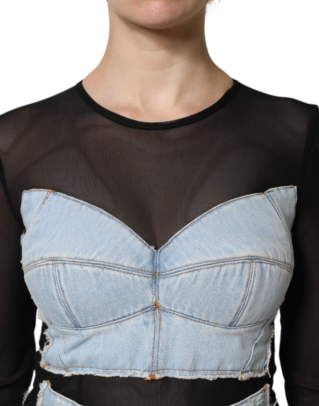 Dolce & Gabbana Black and Blue Long-Sleeved Denim Mini Dress