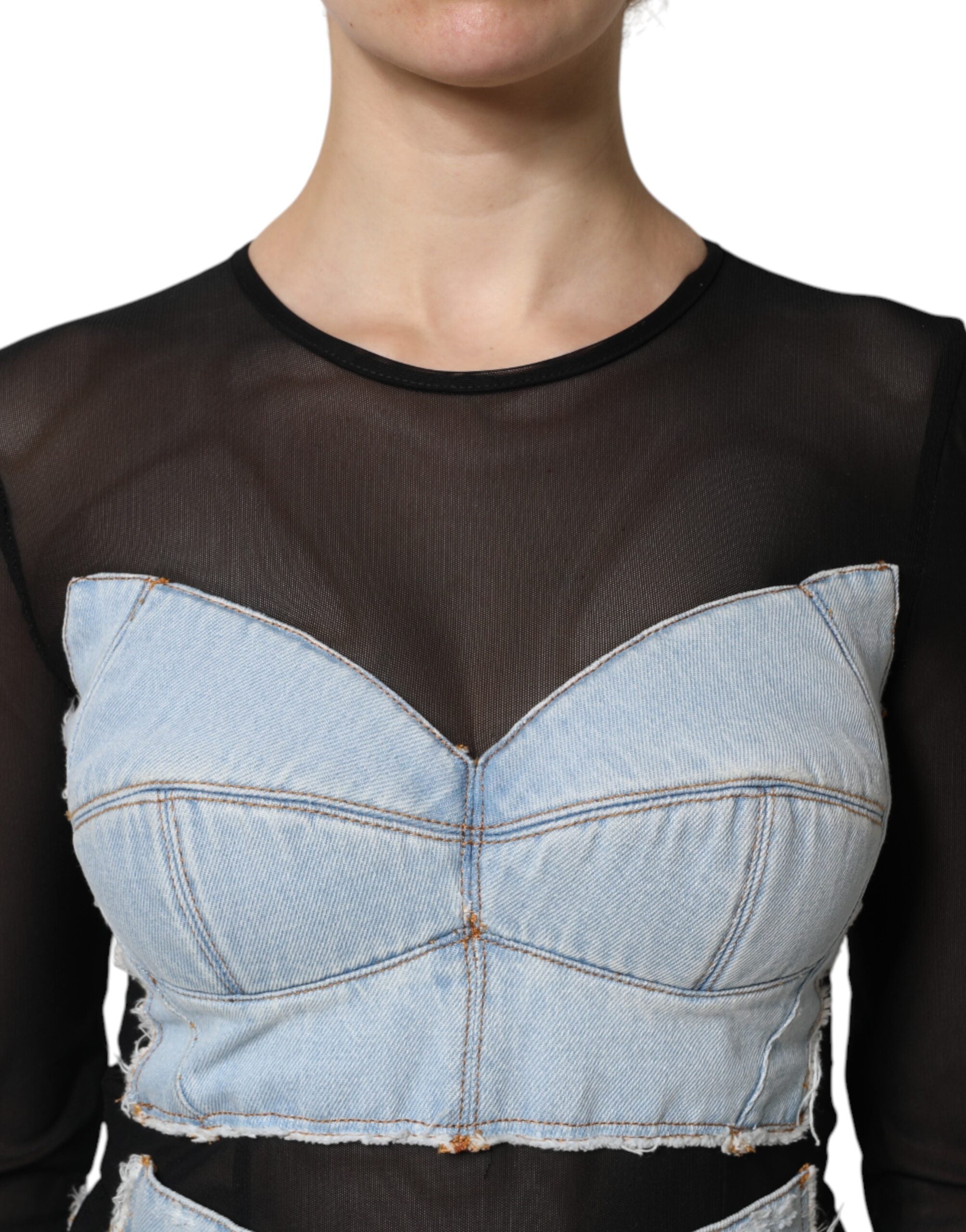 Dolce & Gabbana Black and Blue Long-Sleeved Denim Mini Dress