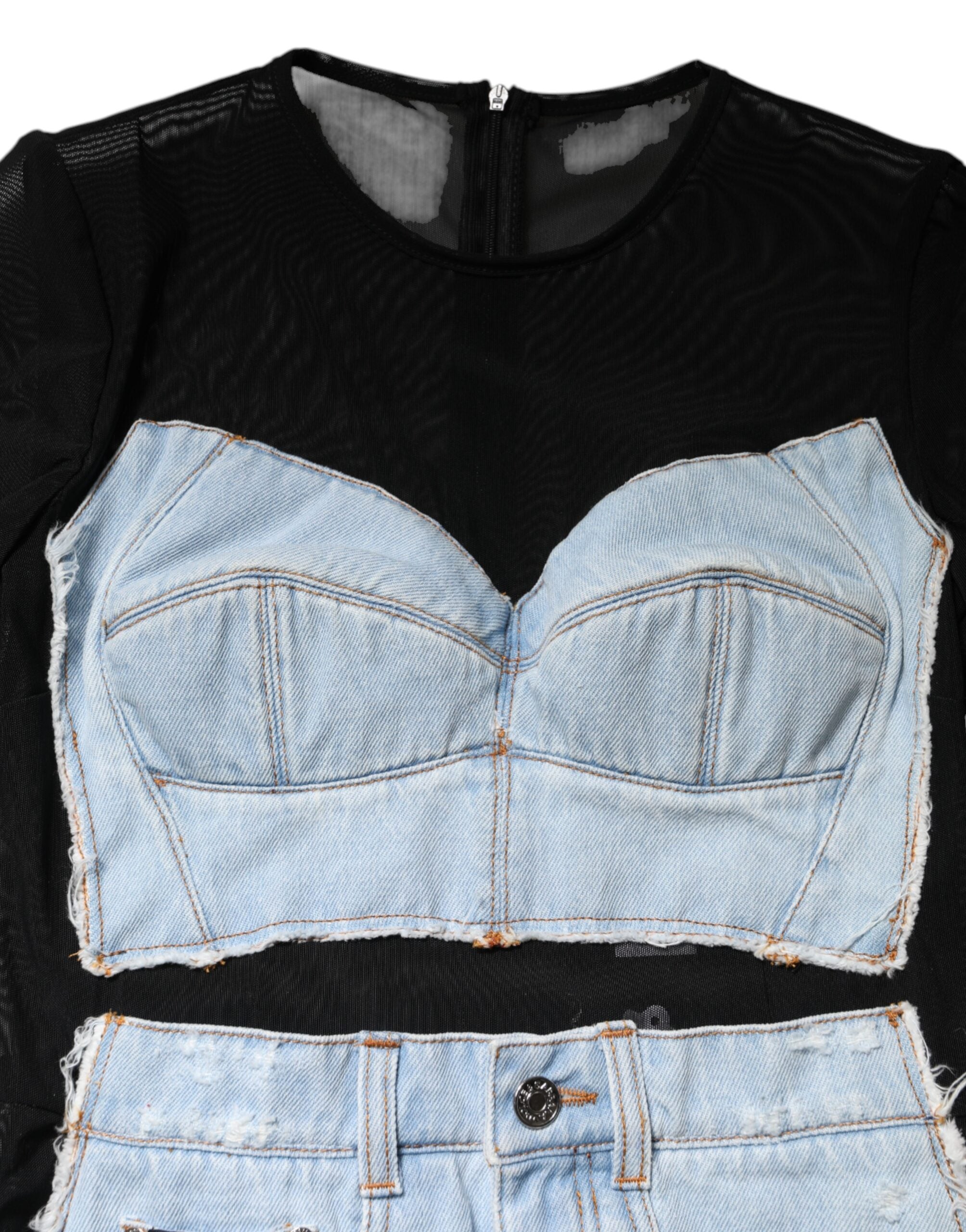 Dolce & Gabbana Black and Blue Long-Sleeved Denim Mini Dress
