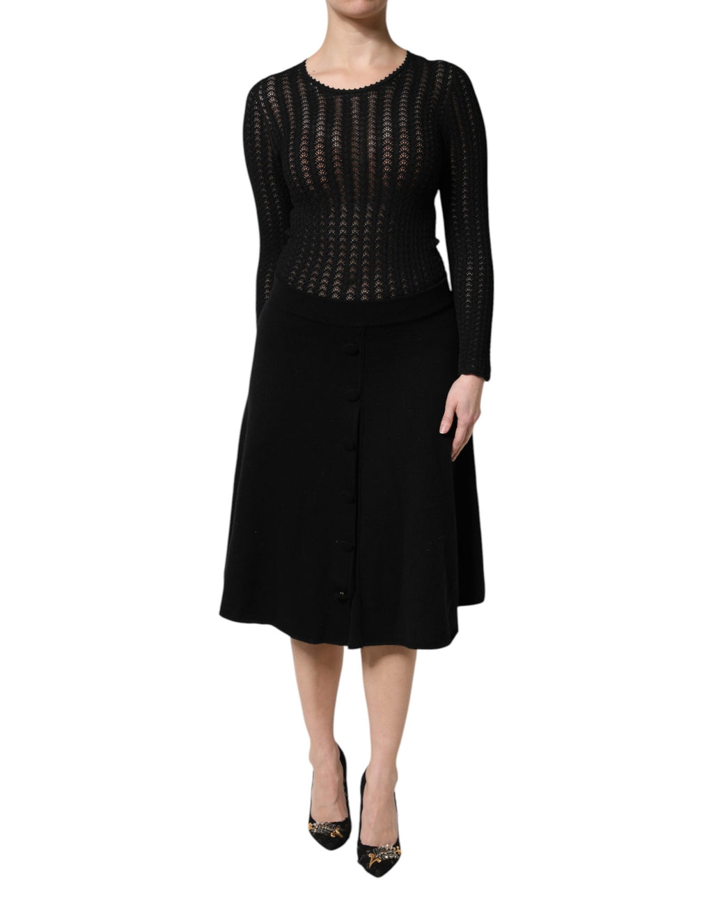 Dolce & Gabbana Black Cashmere A-Line Long-Sleeve Midi Dress