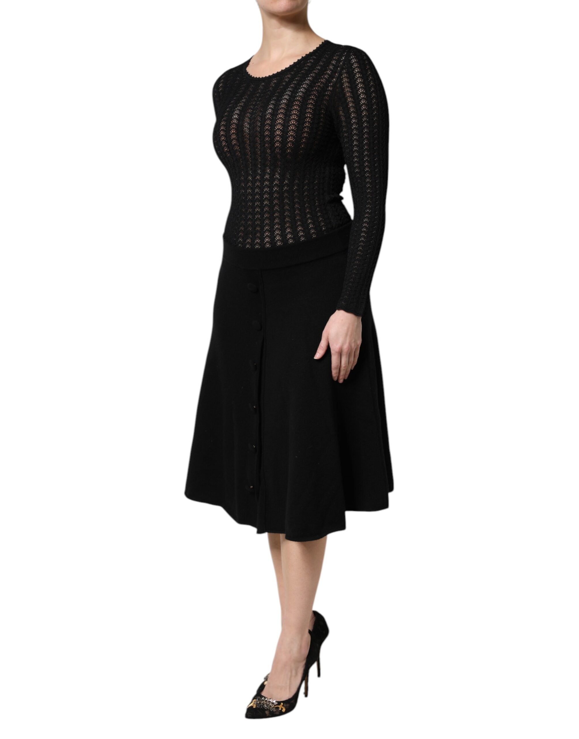 Dolce & Gabbana Black Cashmere A-Line Long-Sleeve Midi Dress