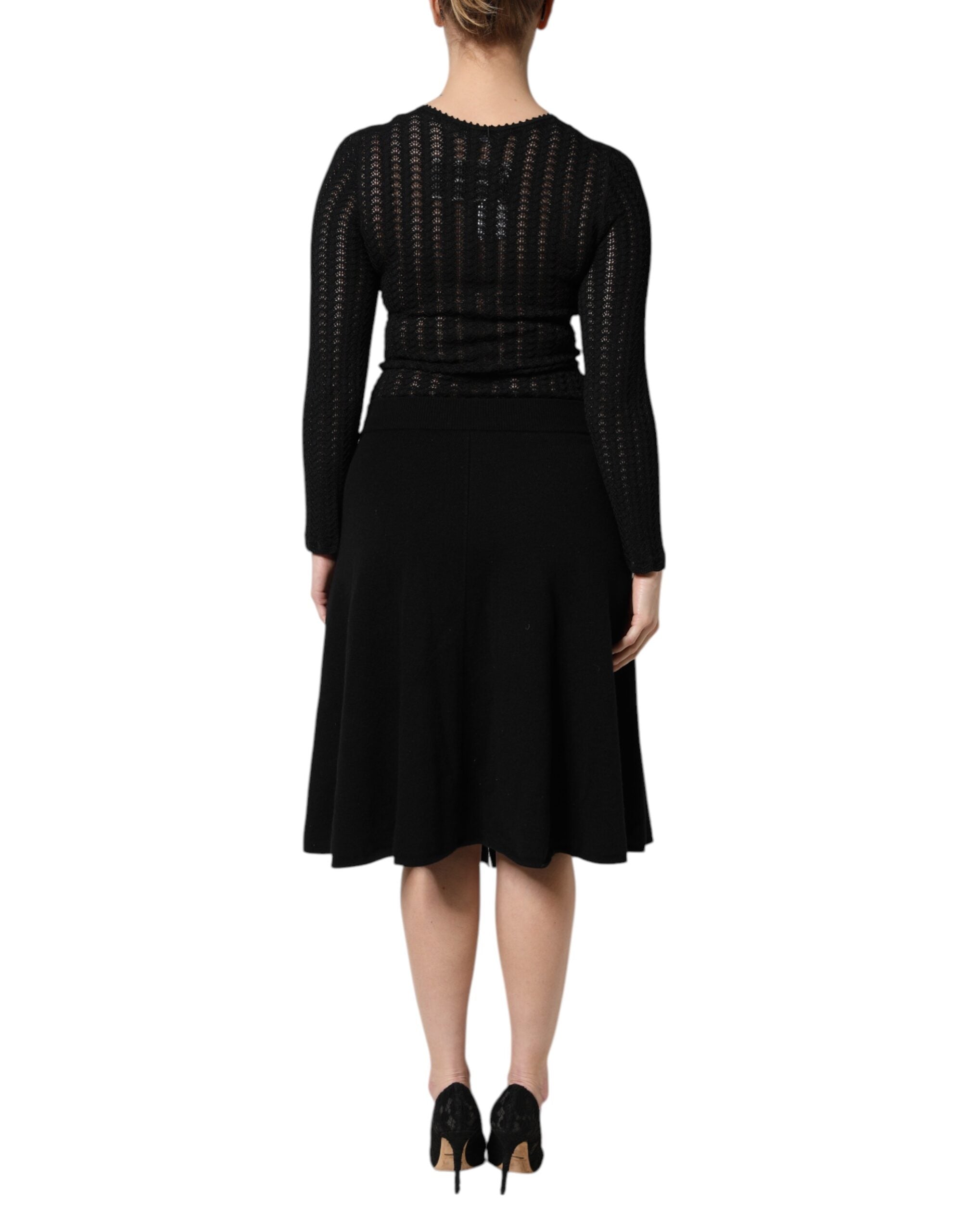 Dolce & Gabbana Black Cashmere A-Line Long-Sleeve Midi Dress