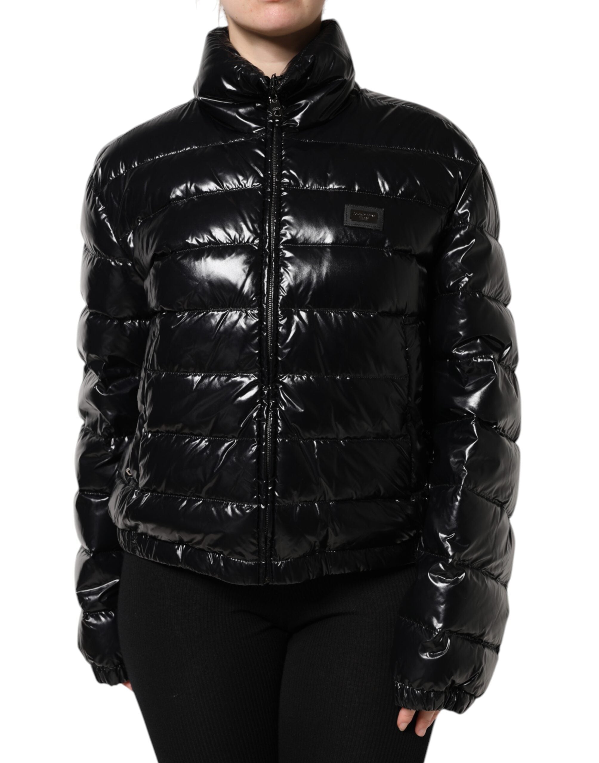 Dolce & Gabbana Schwarze Logo-Plakette Full Zip Pufferjacke