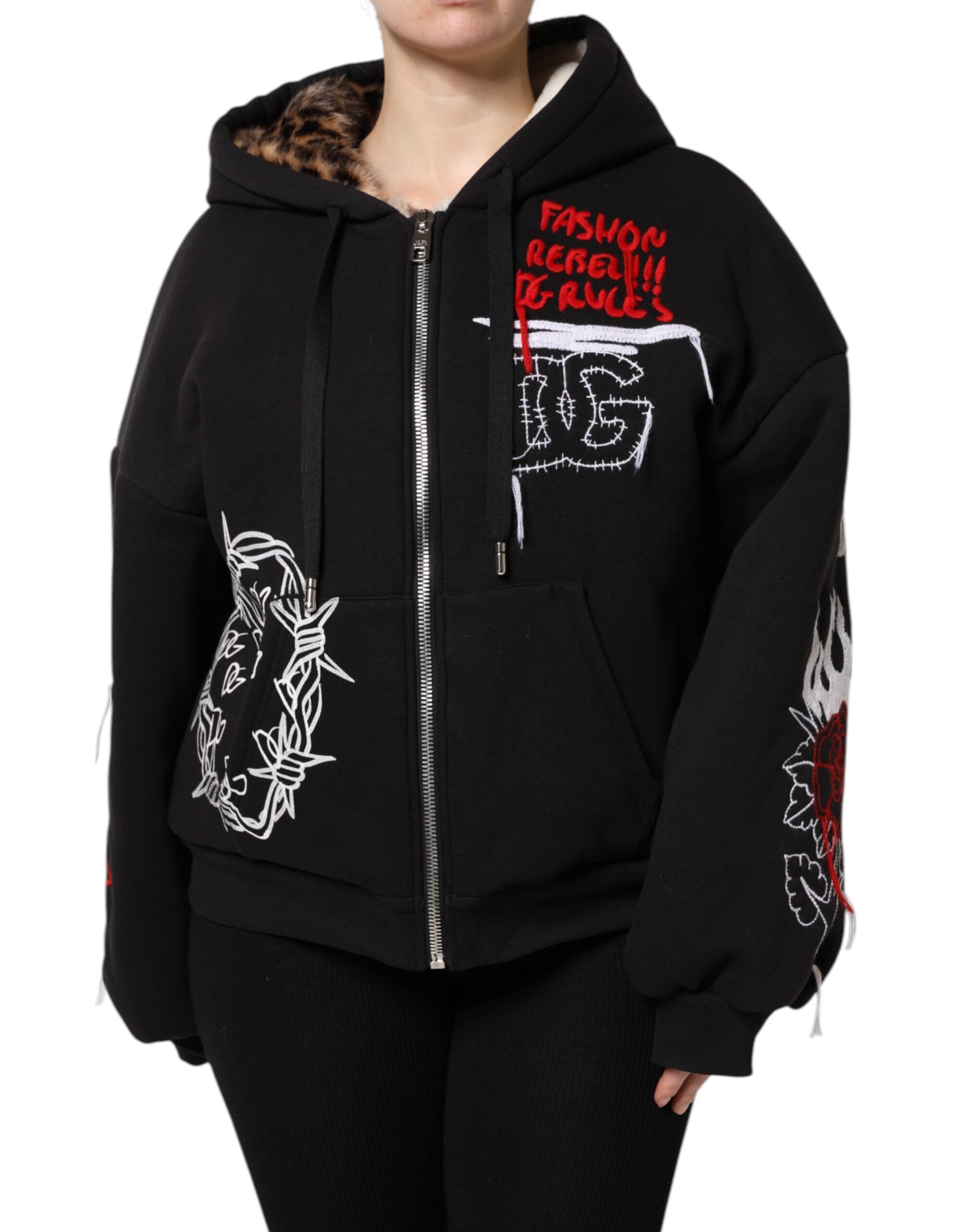Dolce & Gabbana Schwarze bestickte Jacke mit Kapuze und Reißverschluss
