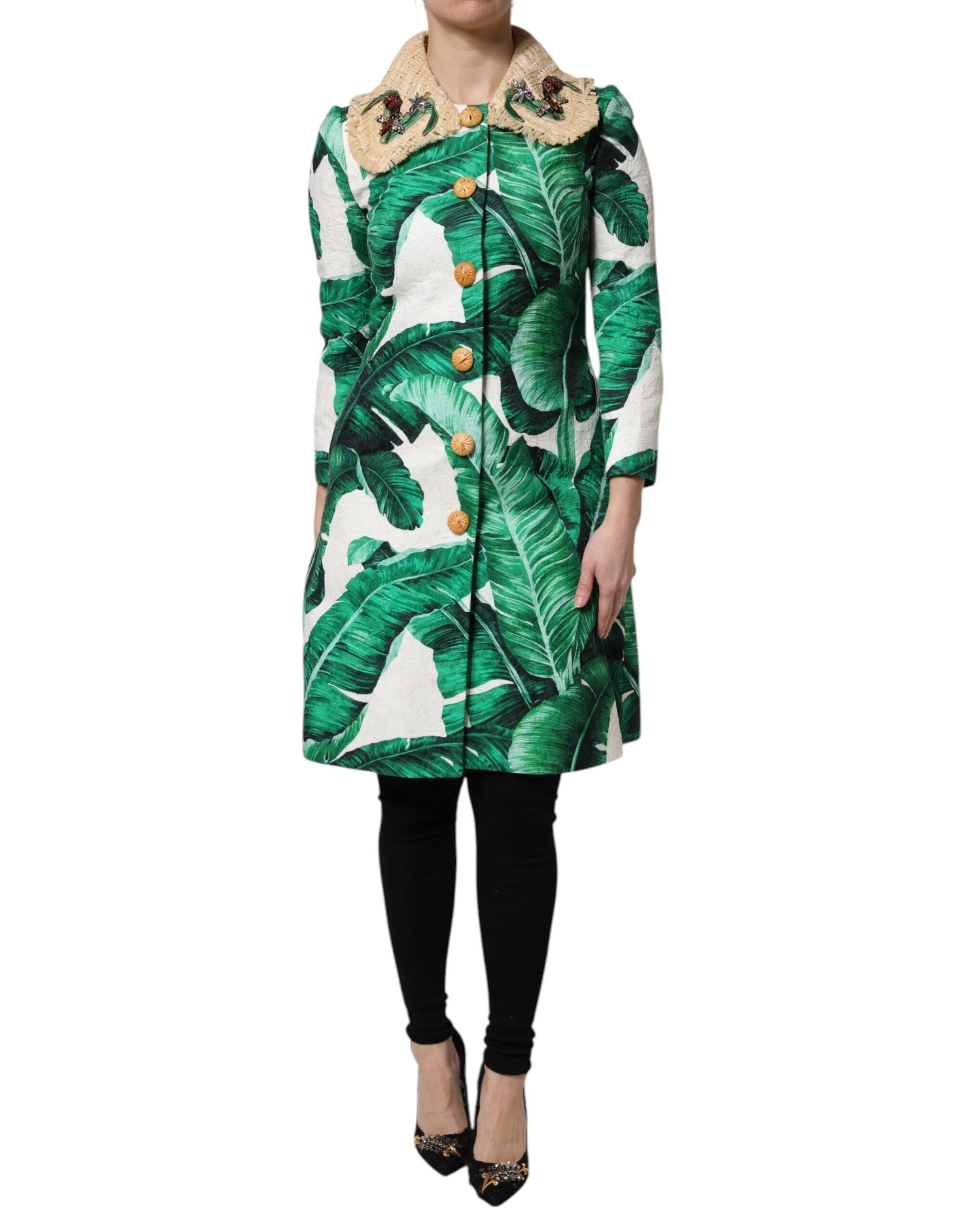 Dolce & Gabbana Multicolor Trench Coat Jacket with Leaf Print and Embellishments