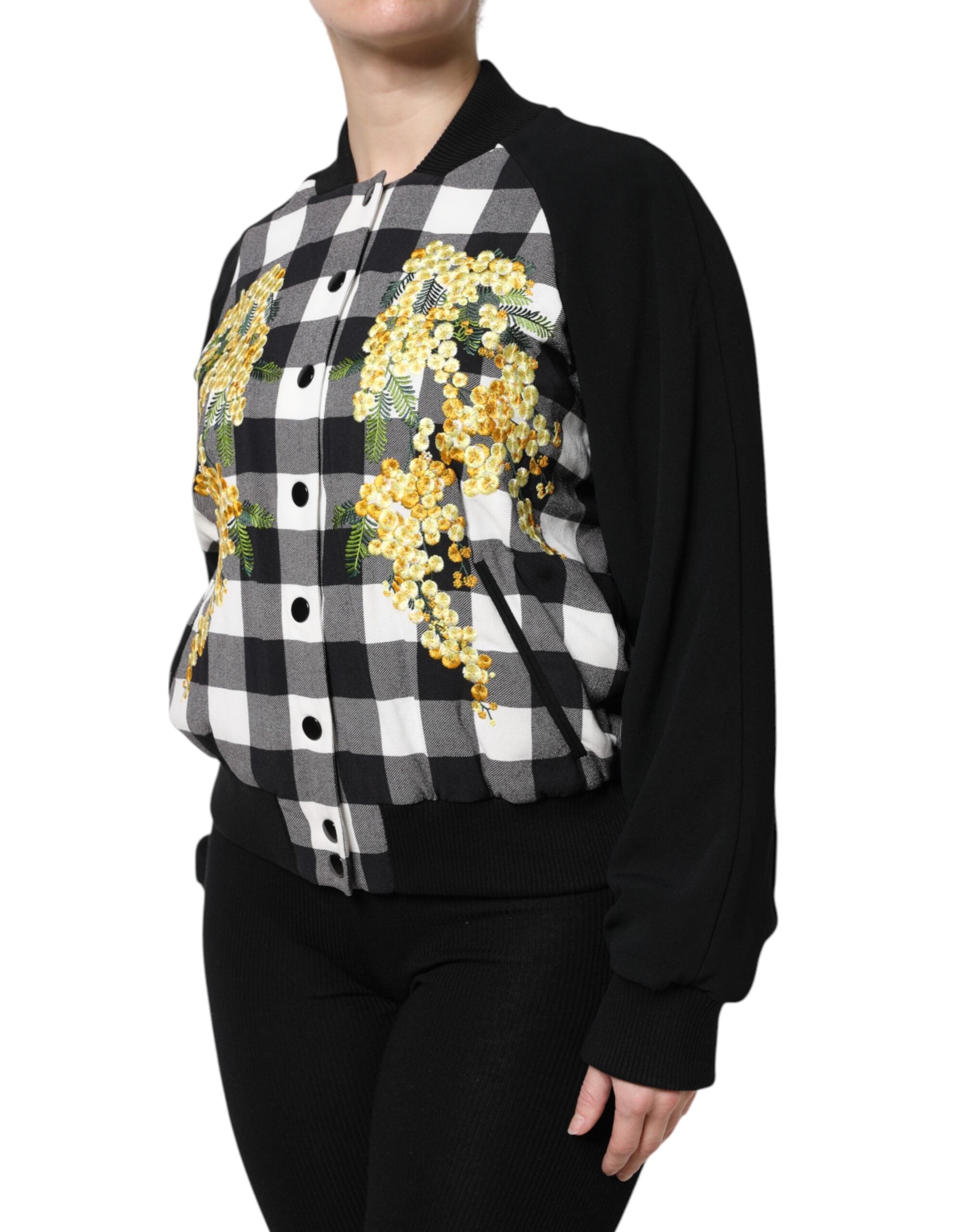 Dolce & Gabbana Black White Plaid Floral Button-Down Jacket