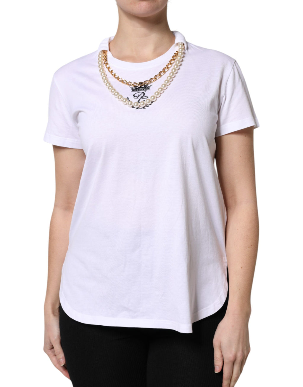 Dolce & Gabbana White Chain-Pearl Cotton Crew Neck T-Shirt