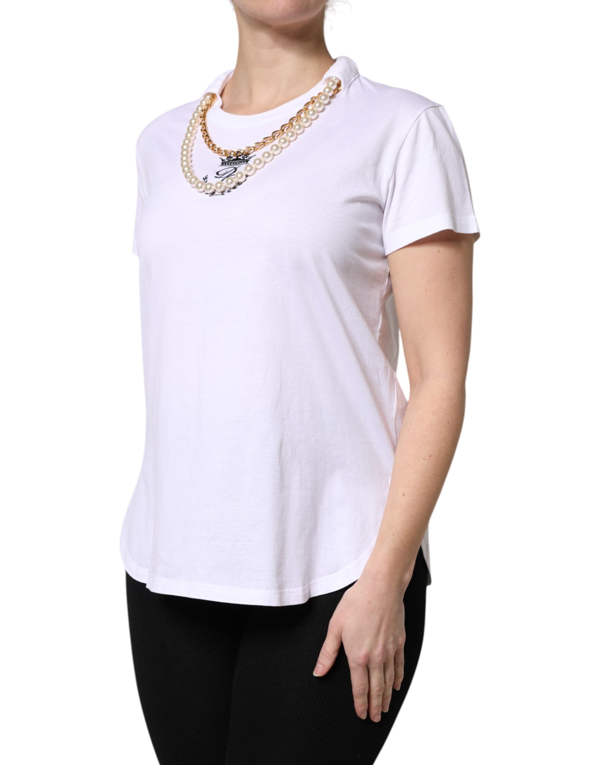 Dolce & Gabbana White Chain-Pearl Cotton Crew Neck T-Shirt