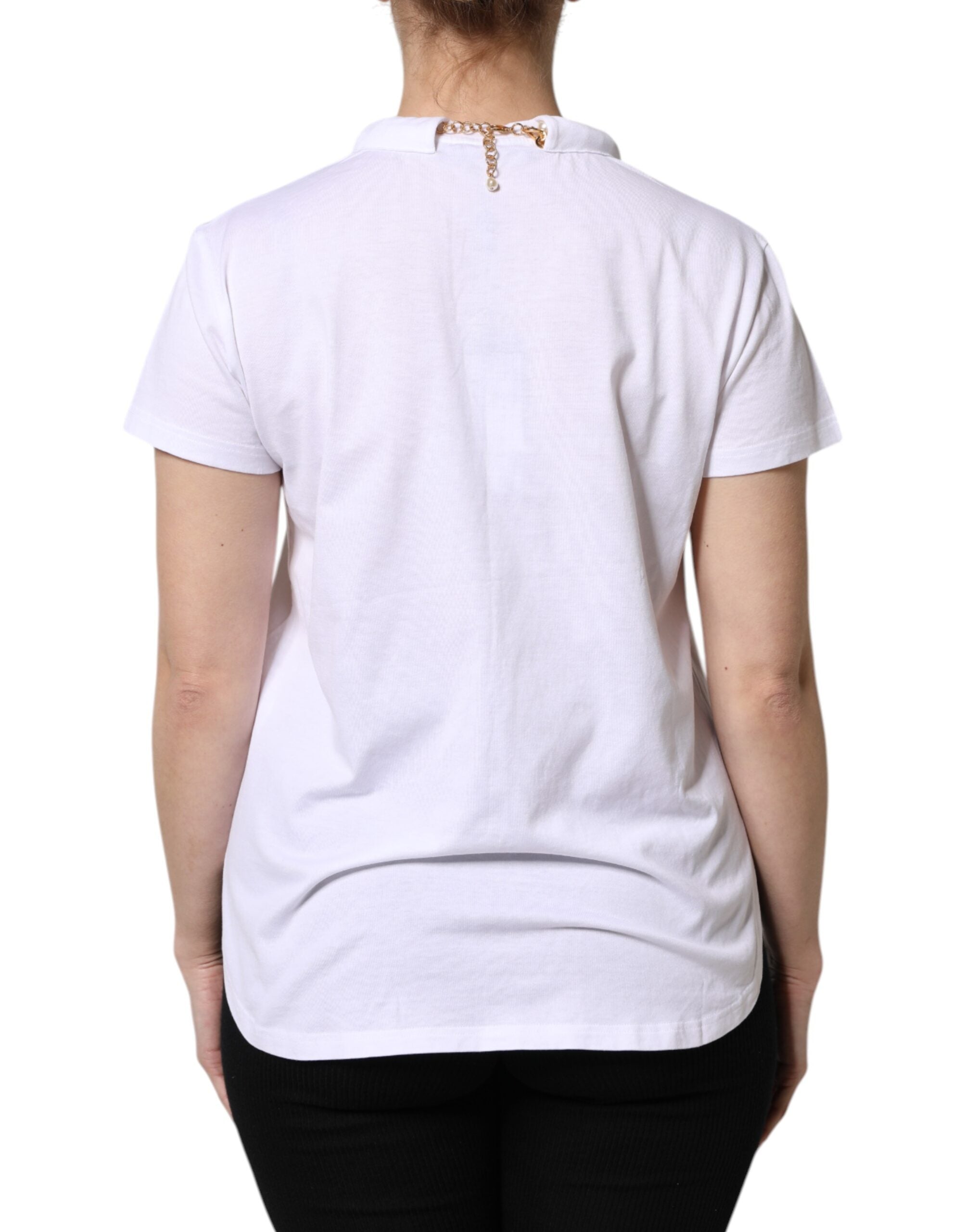 Dolce & Gabbana White Chain-Pearl Cotton Crew Neck T-Shirt