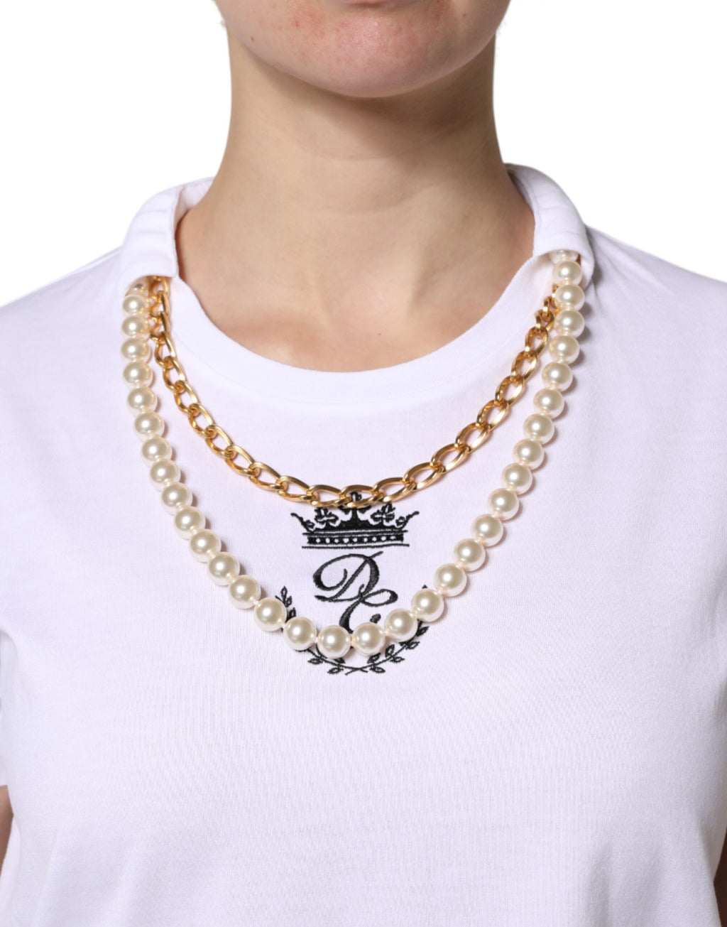 Dolce & Gabbana White Chain-Pearl Cotton Crew Neck T-Shirt