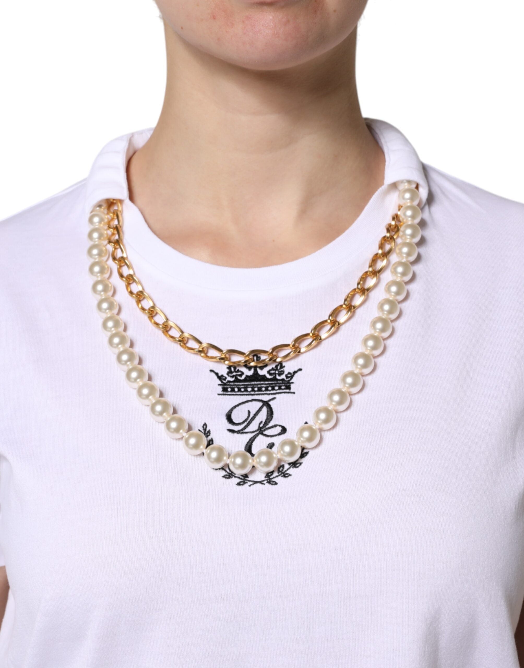 Dolce & Gabbana White Chain-Pearl Cotton Crew Neck T-Shirt