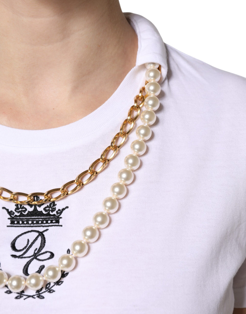 Dolce & Gabbana White Chain-Pearl Cotton Crew Neck T-Shirt
