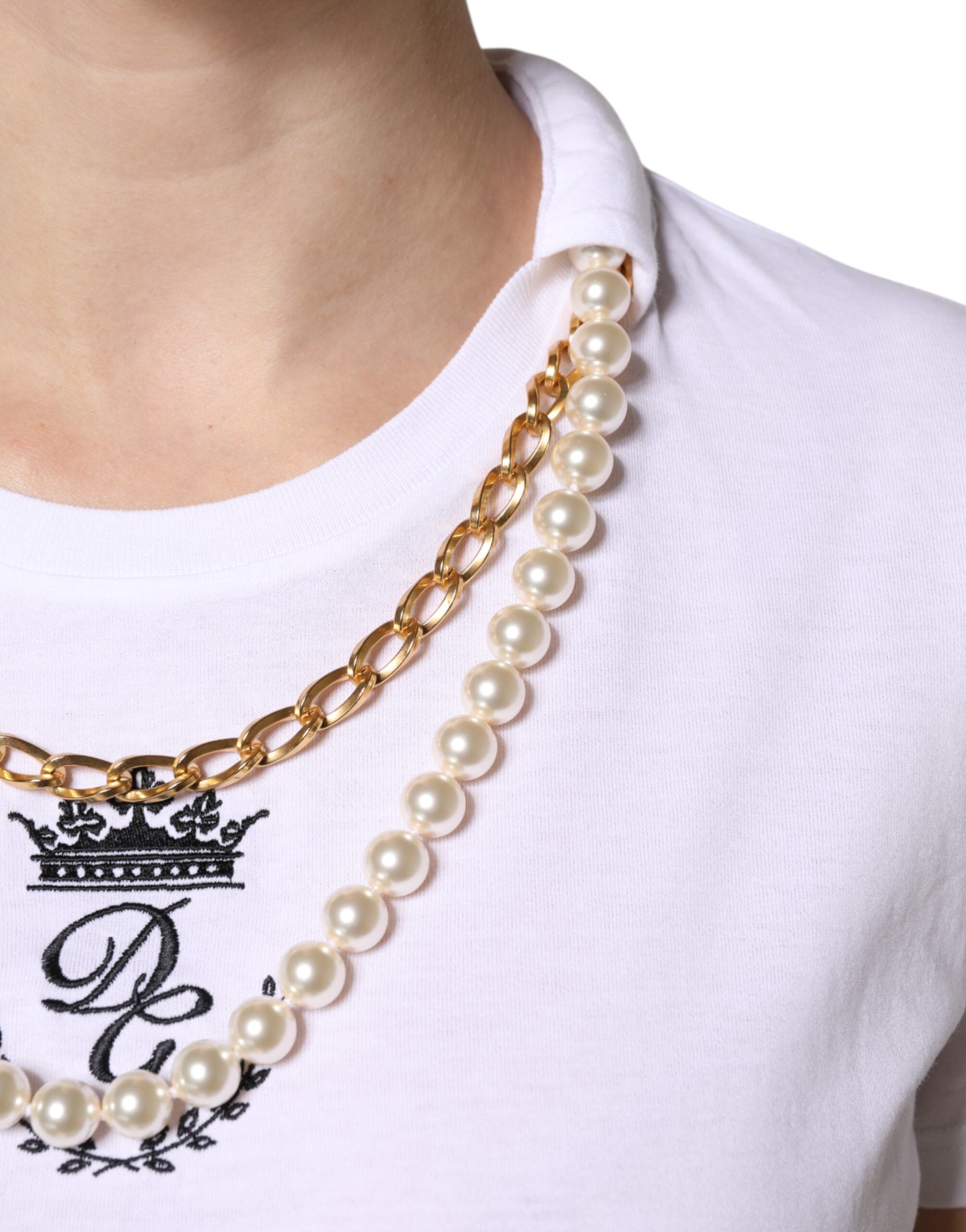 Dolce & Gabbana White Chain-Pearl Cotton Crew Neck T-Shirt