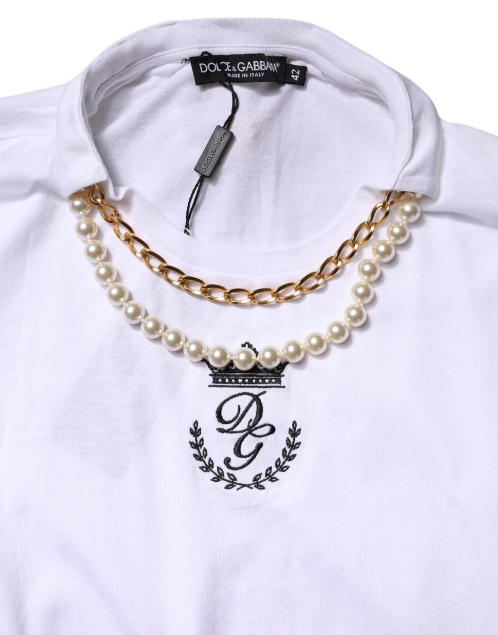 Dolce & Gabbana White Chain-Pearl Cotton Crew Neck T-Shirt