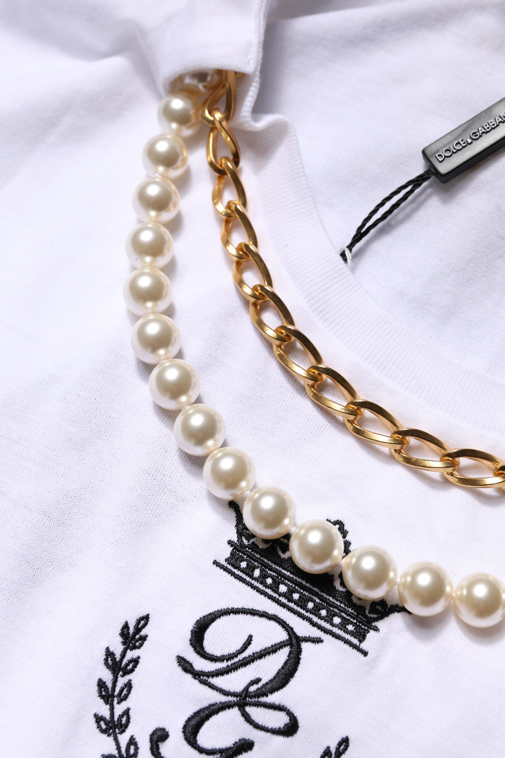Dolce & Gabbana White Chain-Pearl Cotton Crew Neck T-Shirt