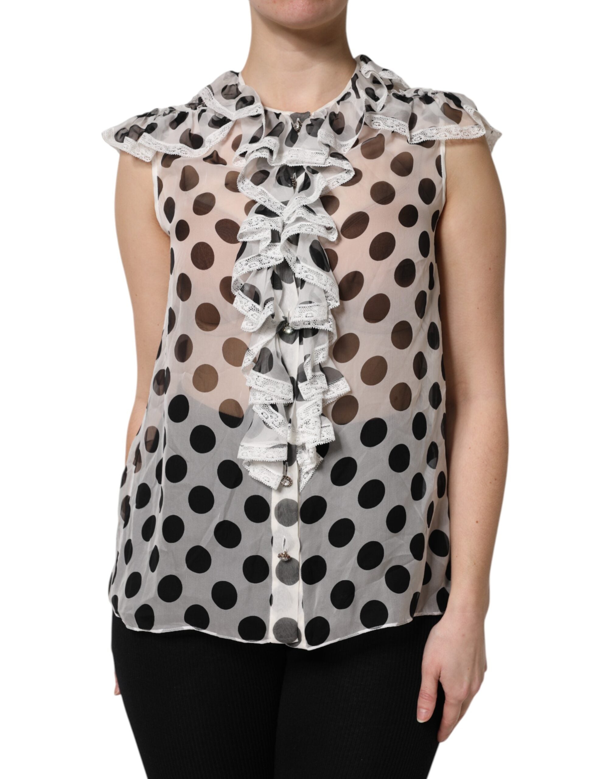 Dolce & Gabbana White and Black Polka Dot Sleeveless Cotton Top