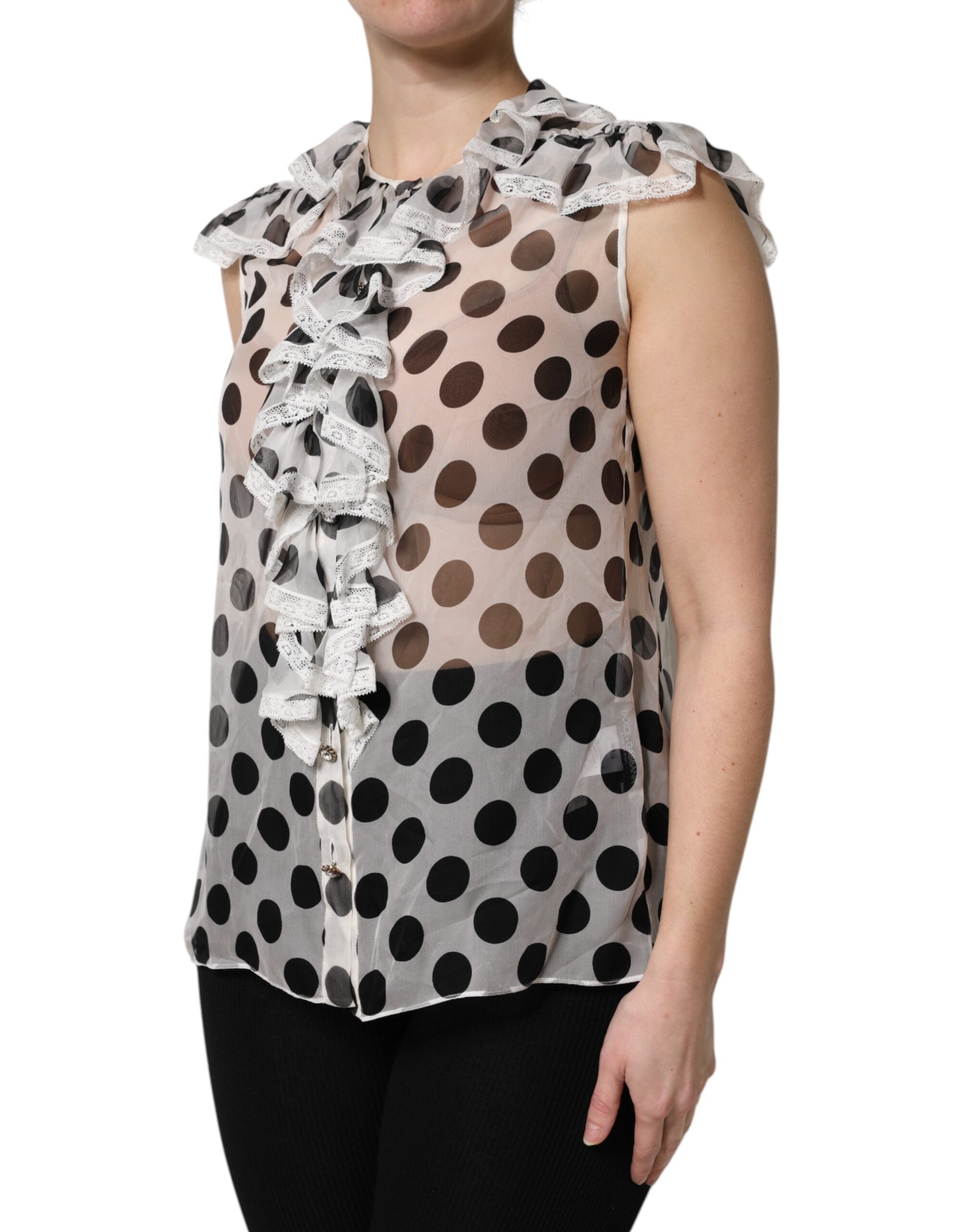 Dolce & Gabbana White and Black Polka Dot Sleeveless Cotton Top