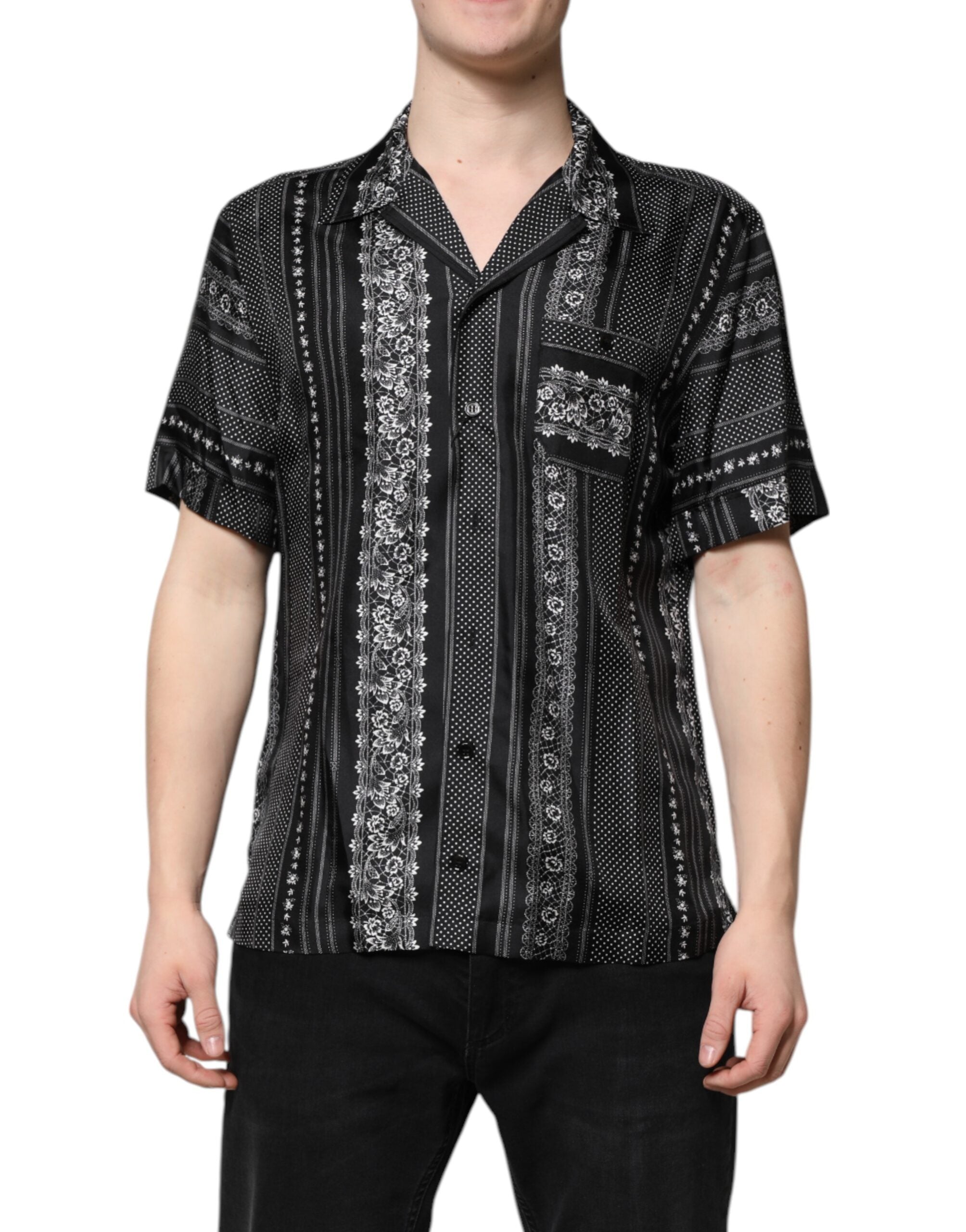 Dolce & Gabbana Black Floral Print Short Sleeve Silk Shirt