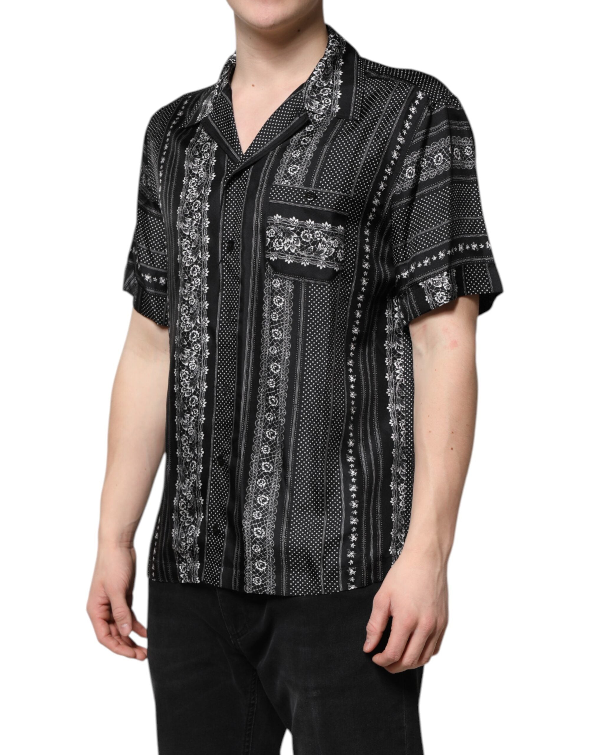 Dolce & Gabbana Black Floral Print Short Sleeve Silk Shirt