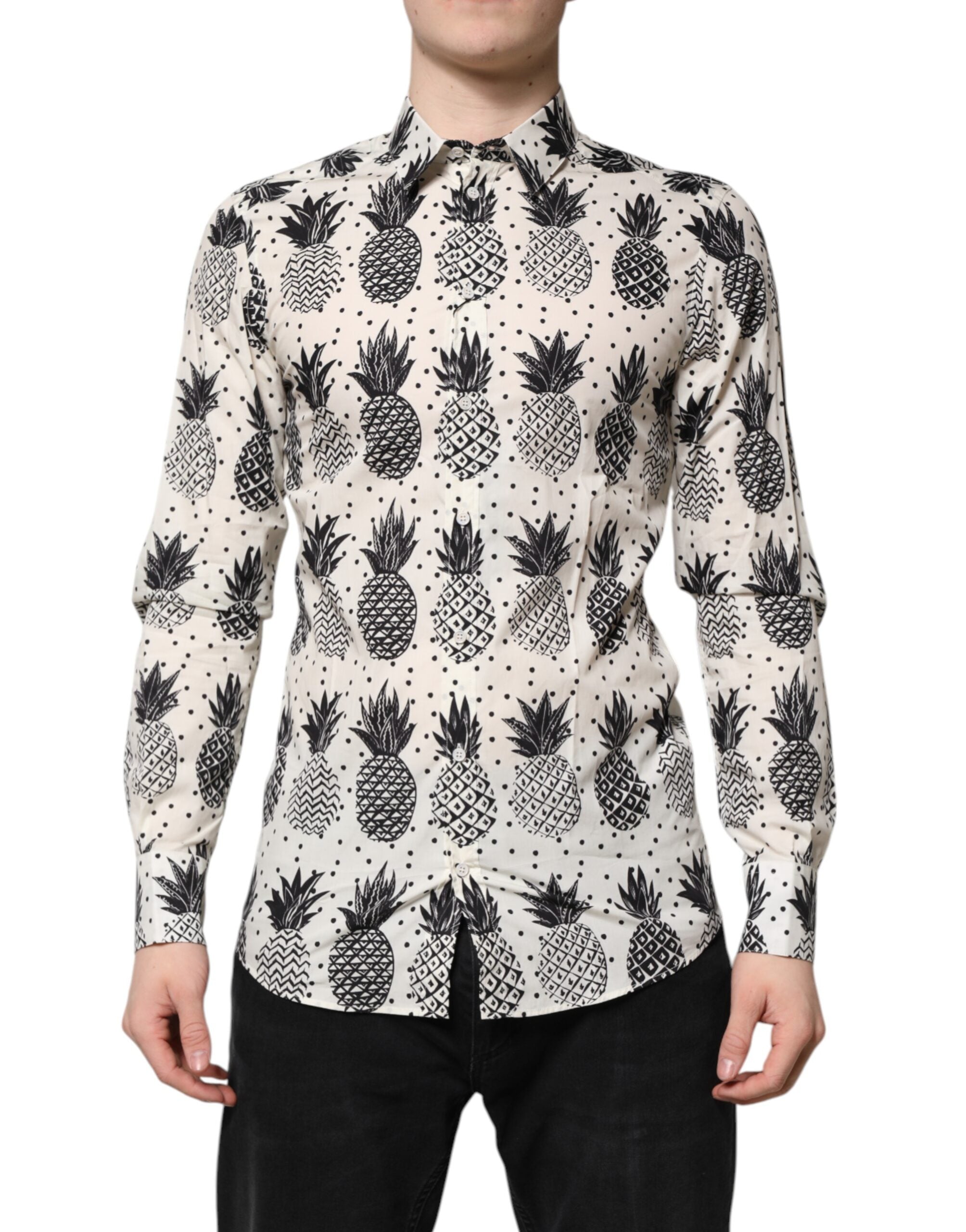 Dolce & Gabbana White Long-sleeved GOLD Pineapple Print Shirt