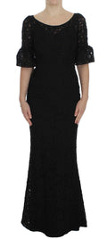Dolce & Gabbana Schwarzes geblümtes langes Bodycon-Maxi-Kleid aus Spitze