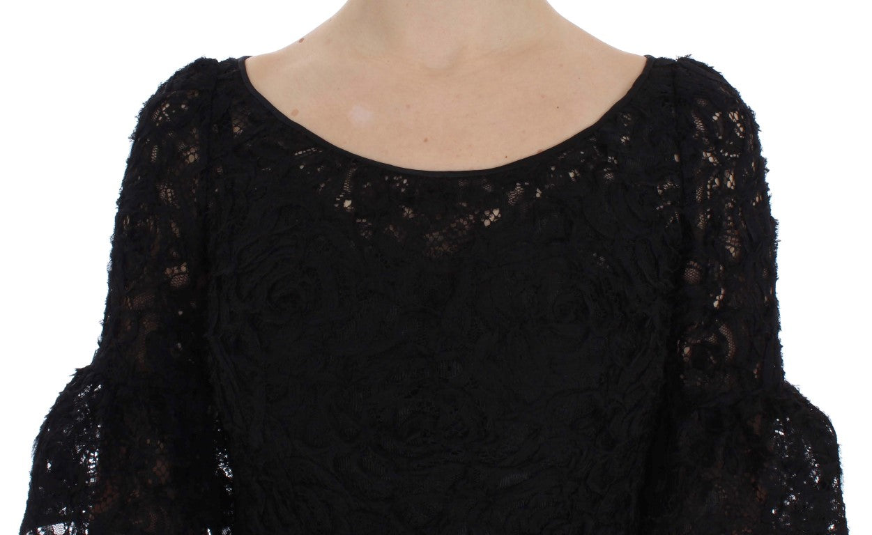 Dolce & Gabbana Schwarzes geblümtes langes Bodycon-Maxi-Kleid aus Spitze