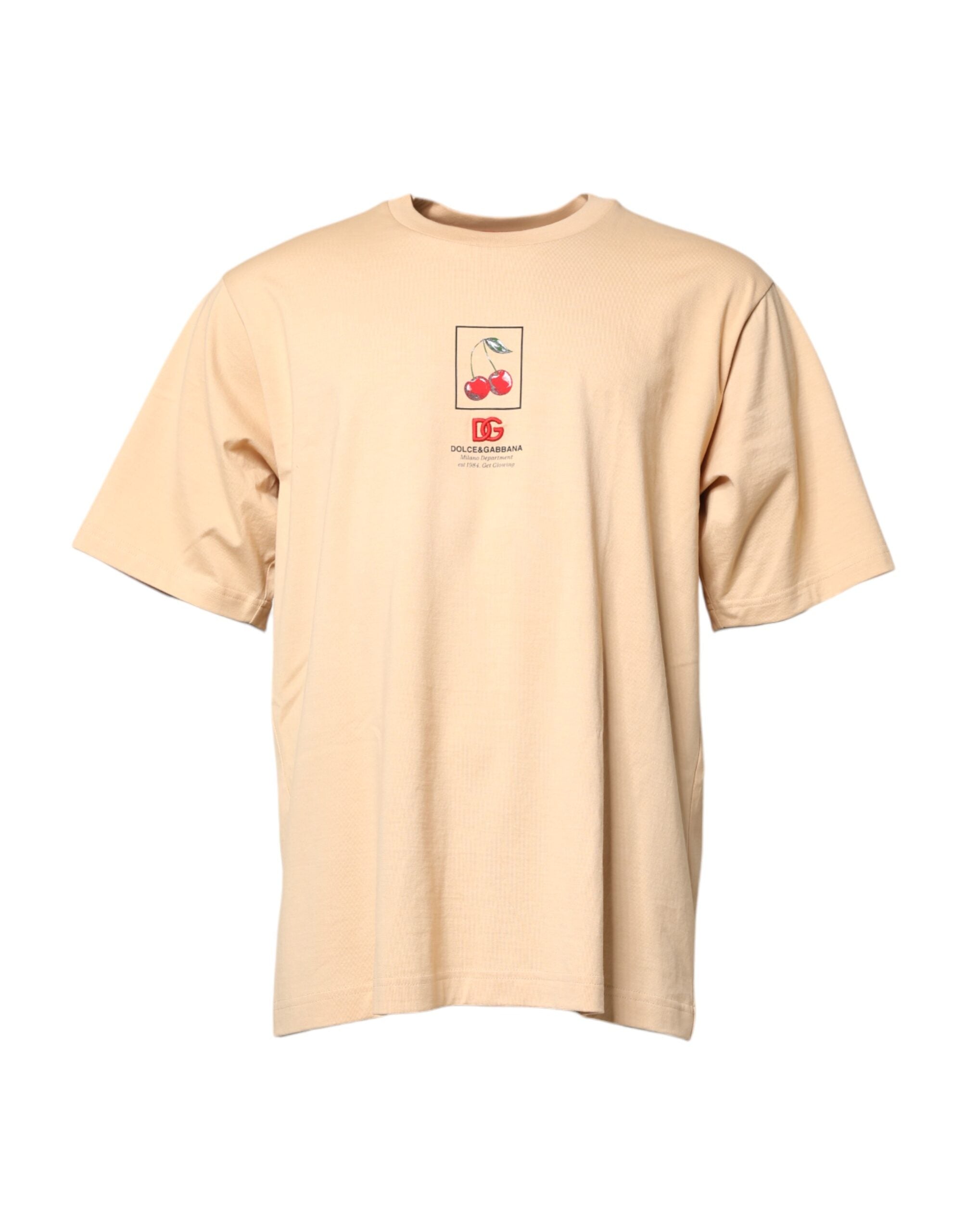 Dolce & Gabbana Beige Cotton Crew-Neck T-Shirt with Logo Print