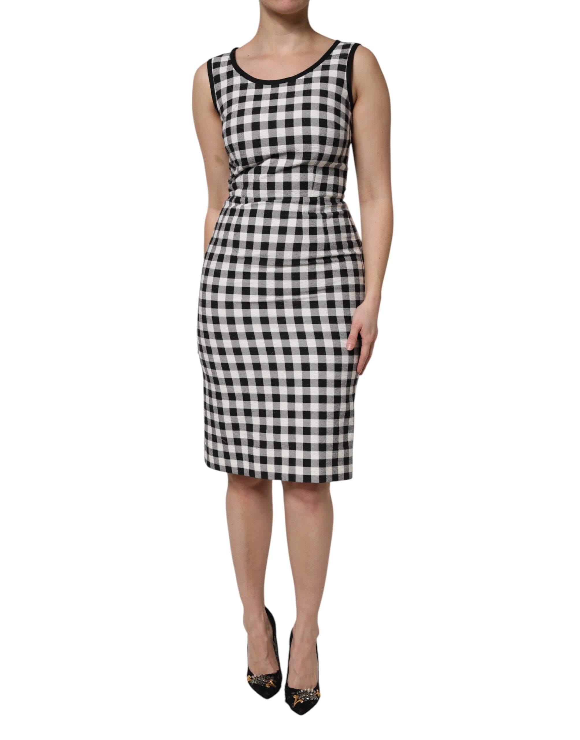 Dolce & Gabbana White Black Plaid Sleeveless Sheath Dress