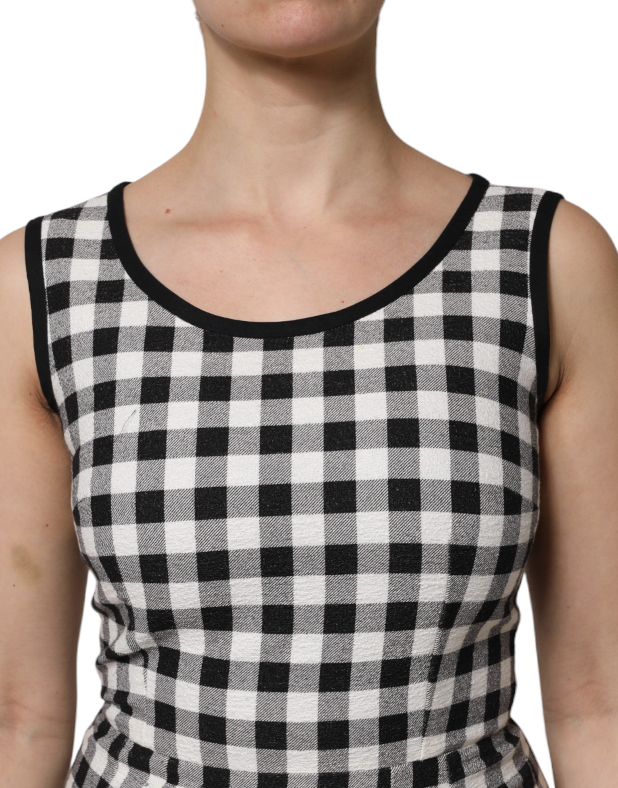 Dolce & Gabbana White Black Plaid Sleeveless Sheath Dress