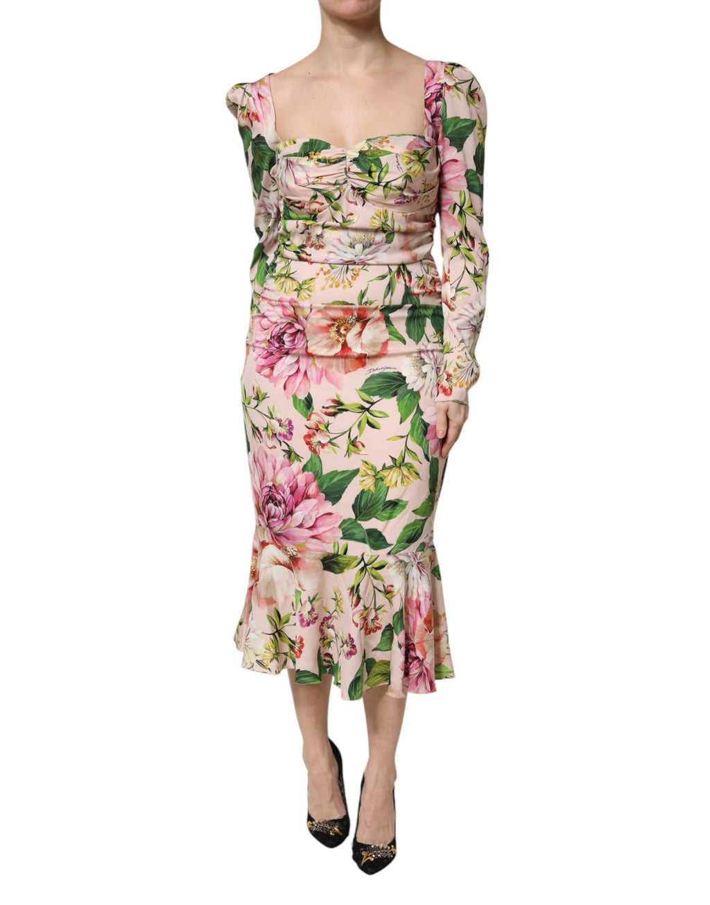 Dolce & Gabbana Pink Floral Silk Midi Dress with Flared Skirt