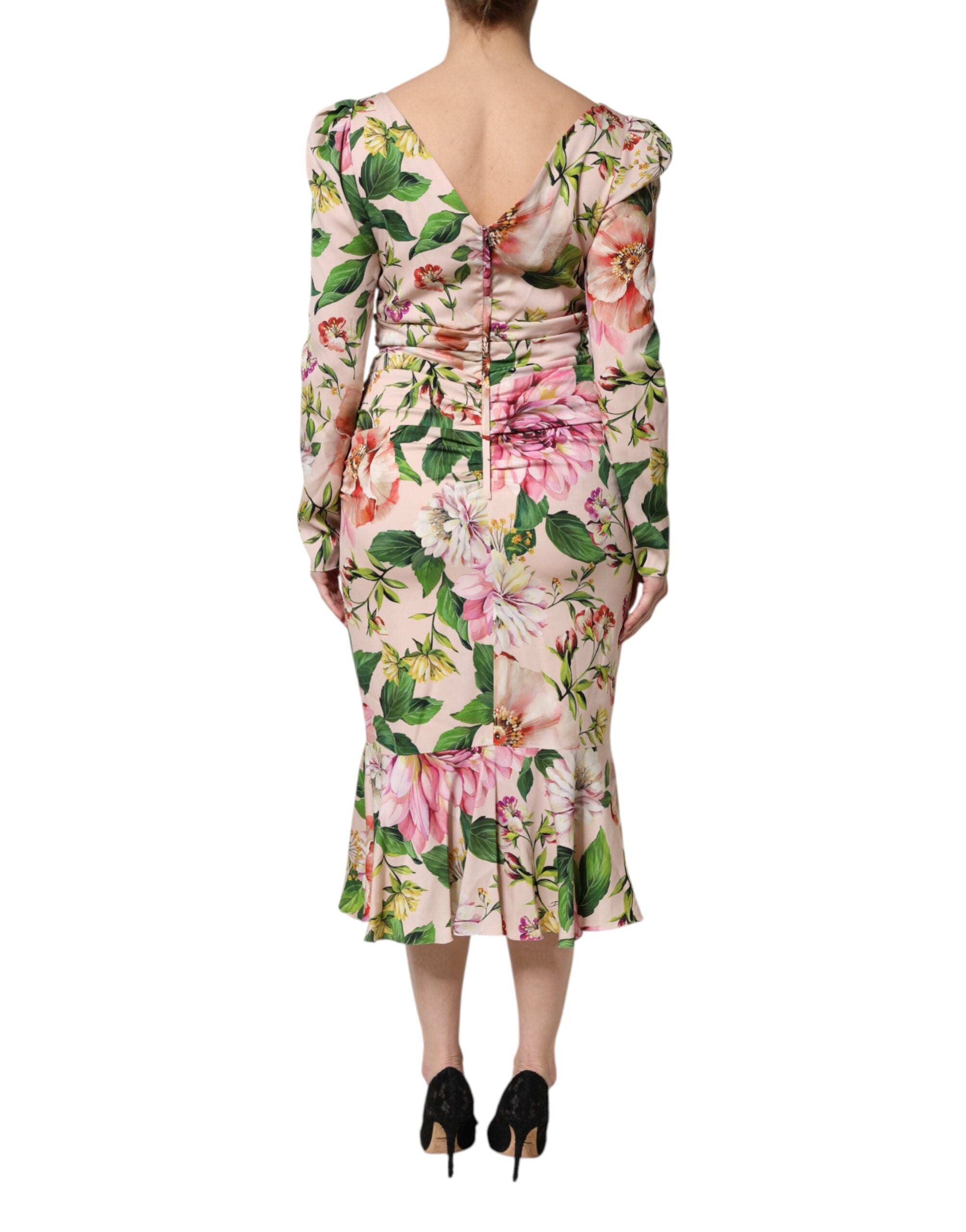 Dolce & Gabbana Pink Floral Silk Midi Dress with Flared Skirt
