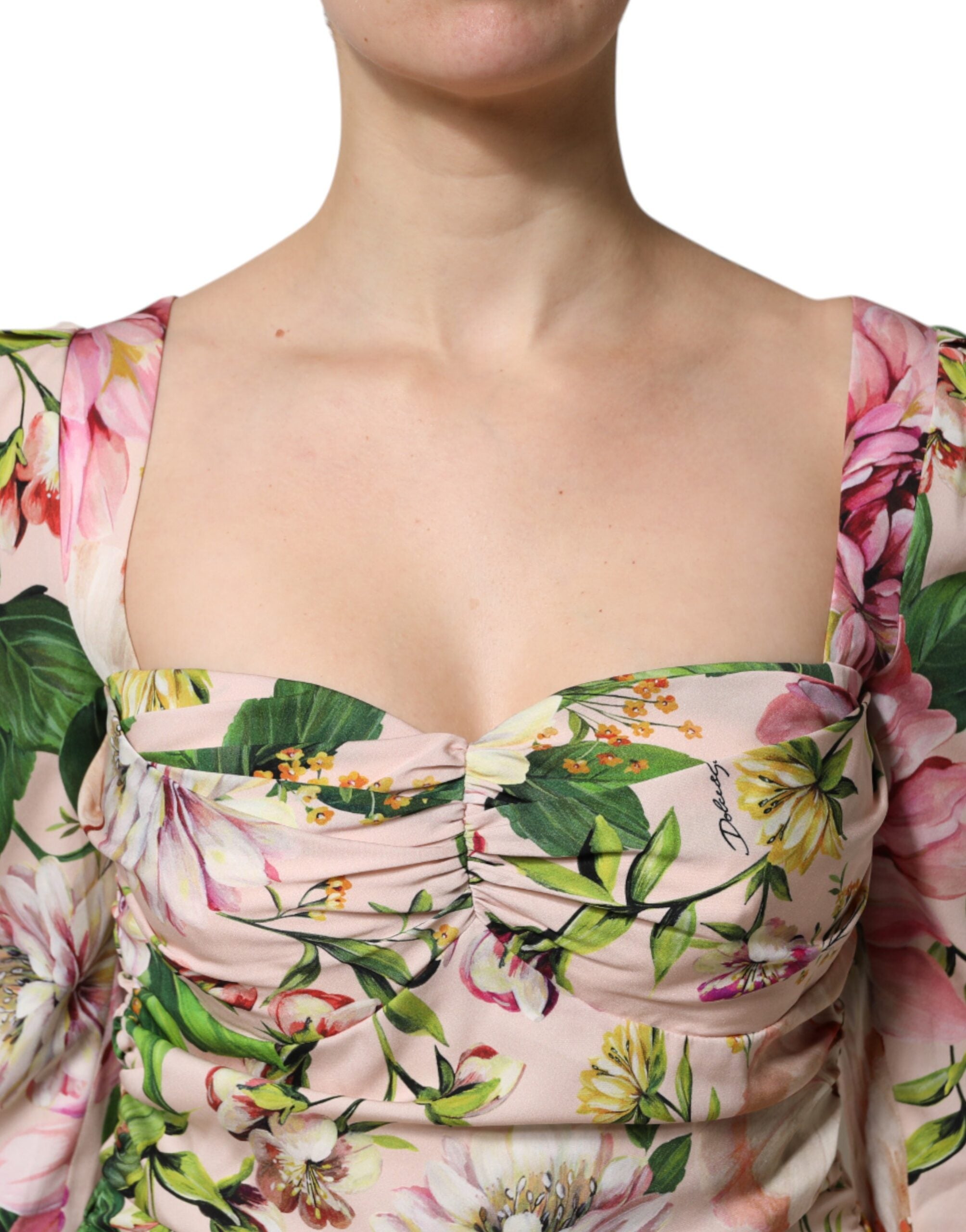 Dolce & Gabbana Pink Floral Silk Midi Dress with Flared Skirt