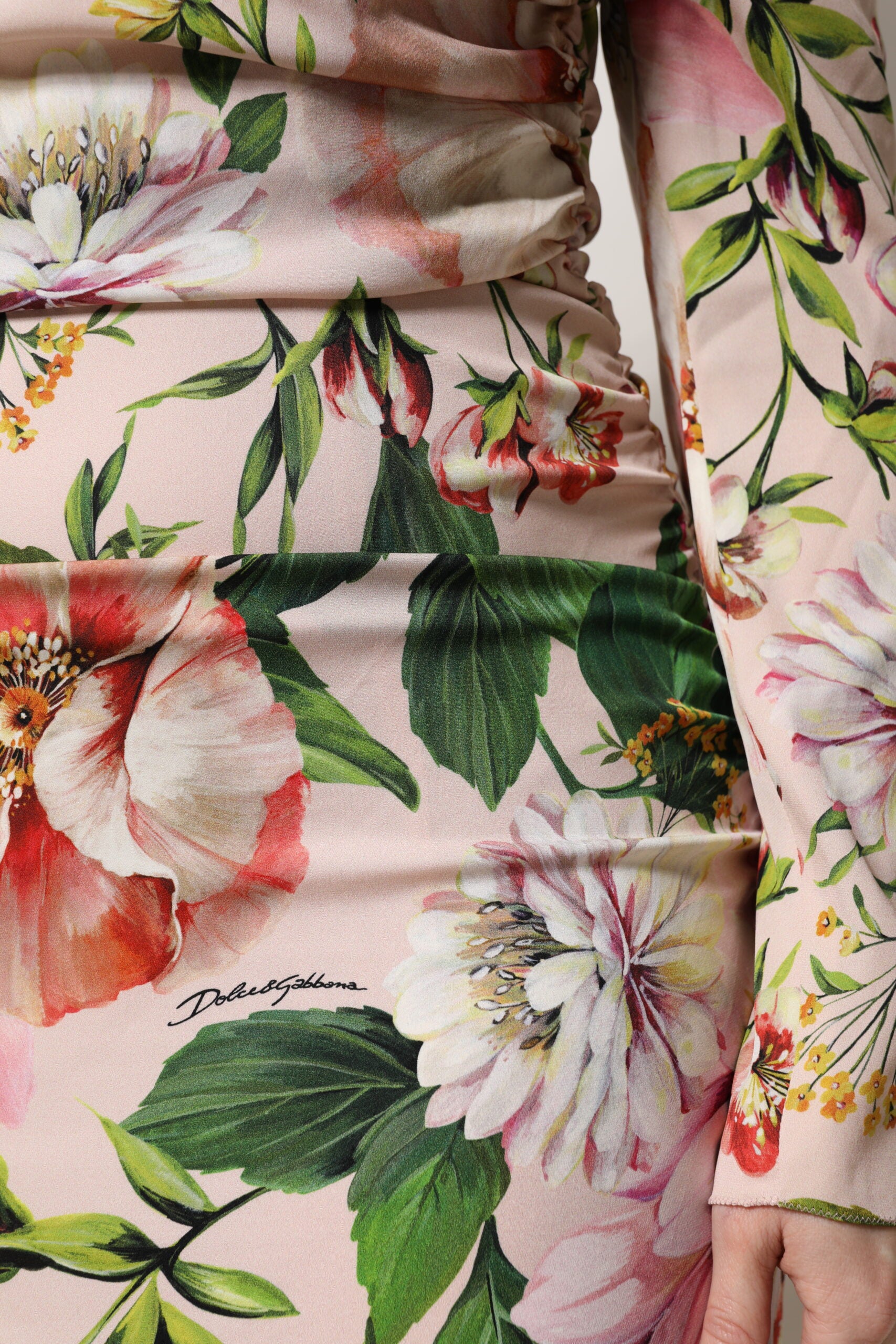 Dolce & Gabbana Pink Floral Silk Midi Dress with Flared Skirt