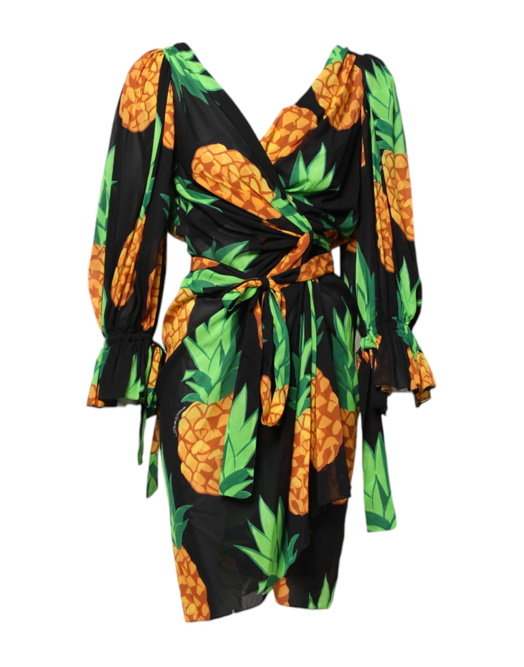 Dolce & Gabbana Black Silk Pineapple Print Wrap Minidress