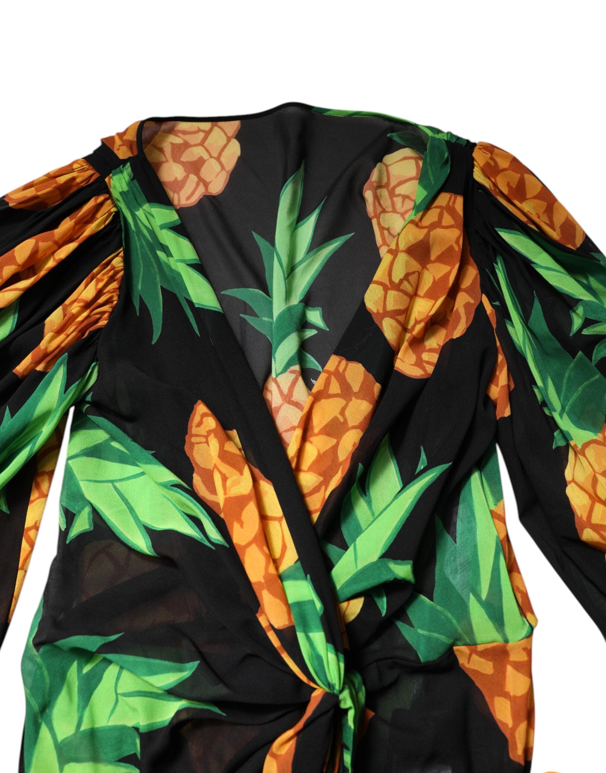 Dolce & Gabbana Black Silk Pineapple Print Wrap Minidress