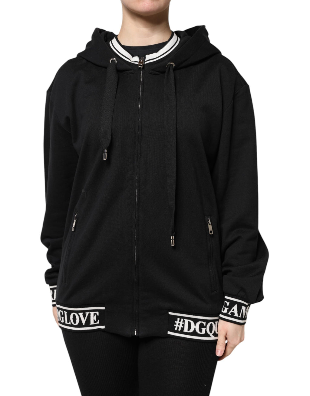 Dolce & Gabbana Black Cotton Hooded Zip-Up Sweatshirt