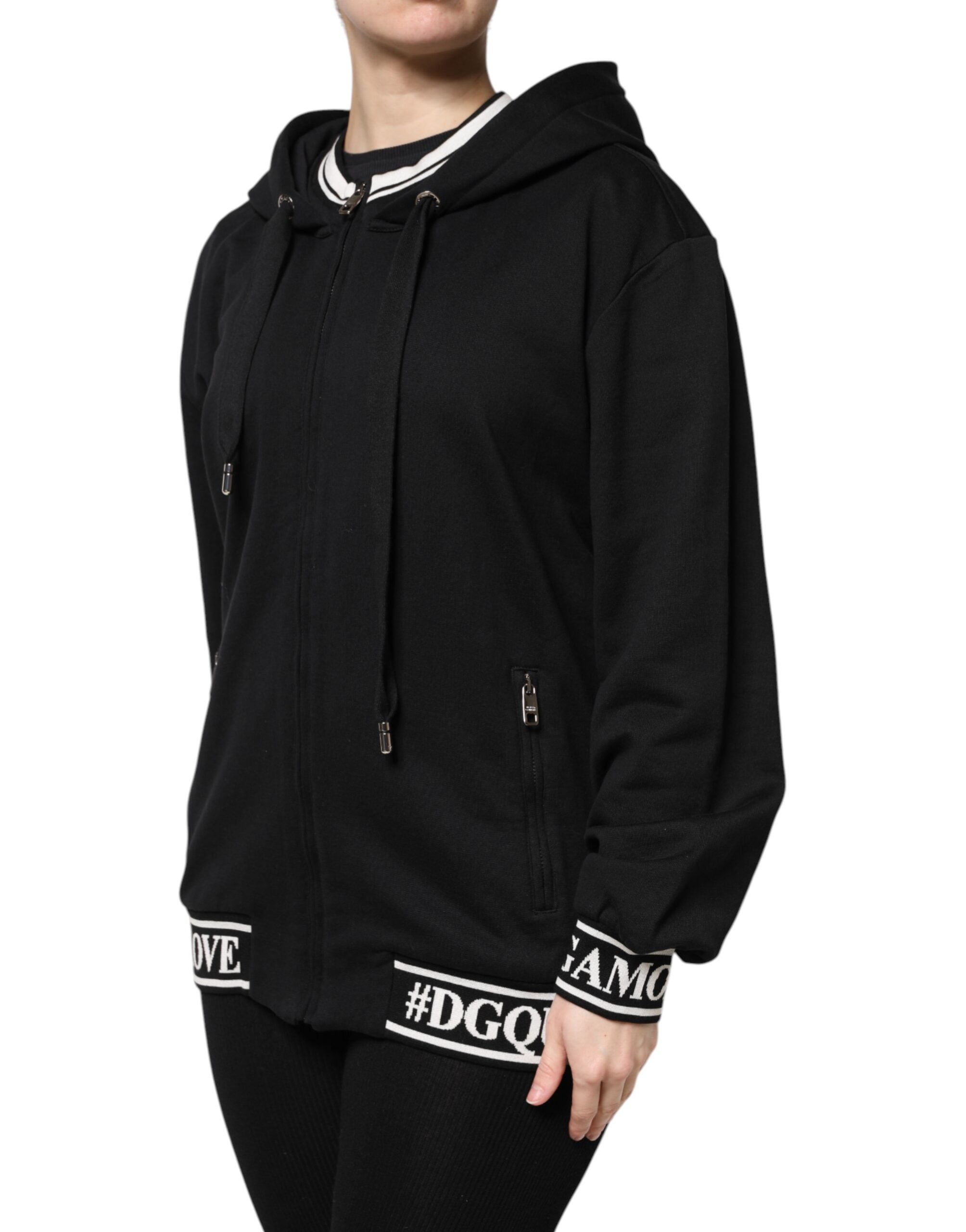 Dolce & Gabbana Black Cotton Hooded Zip-Up Sweatshirt