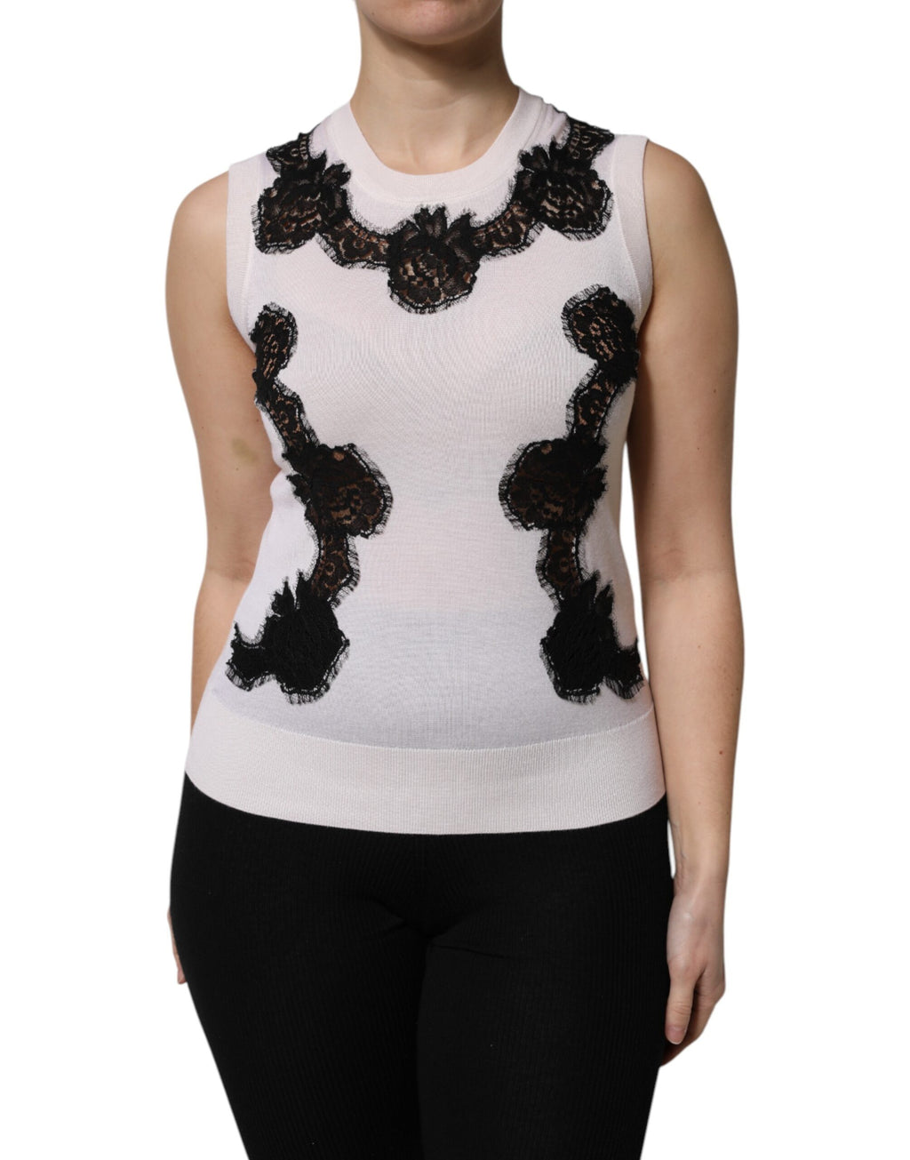 Dolce & Gabbana White Cashmere Tank Top with Floral Lace