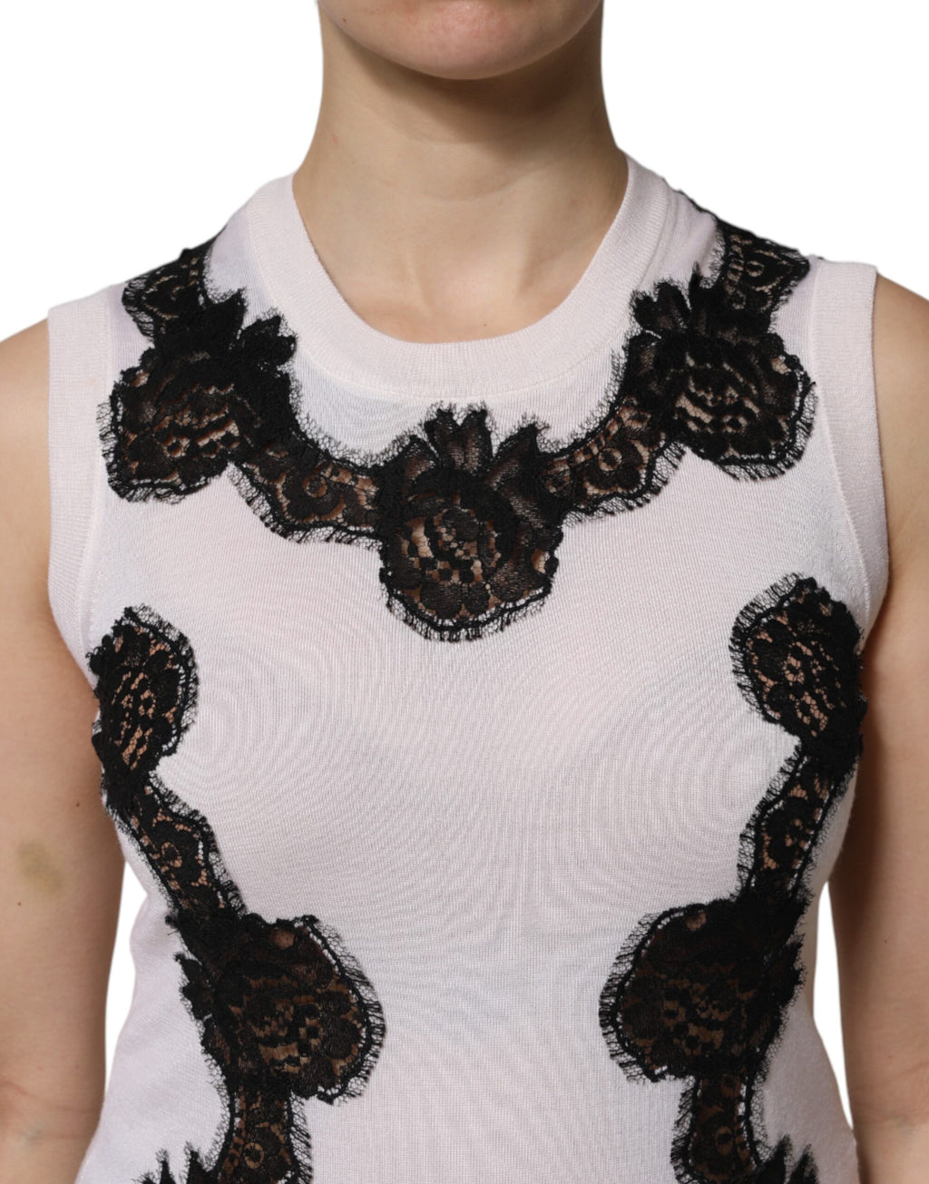 Dolce & Gabbana White Cashmere Tank Top with Floral Lace