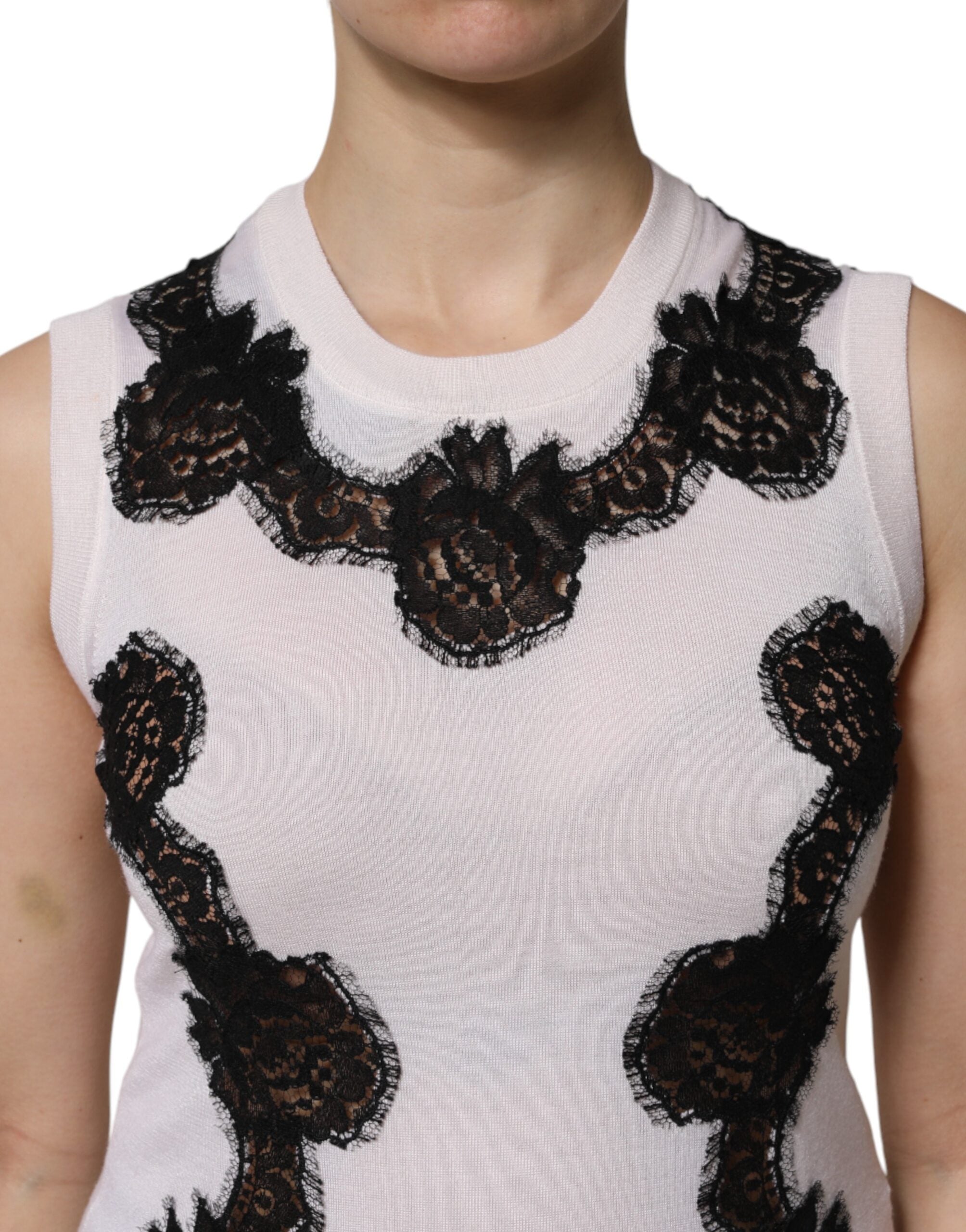 Dolce & Gabbana White Cashmere Tank Top with Floral Lace